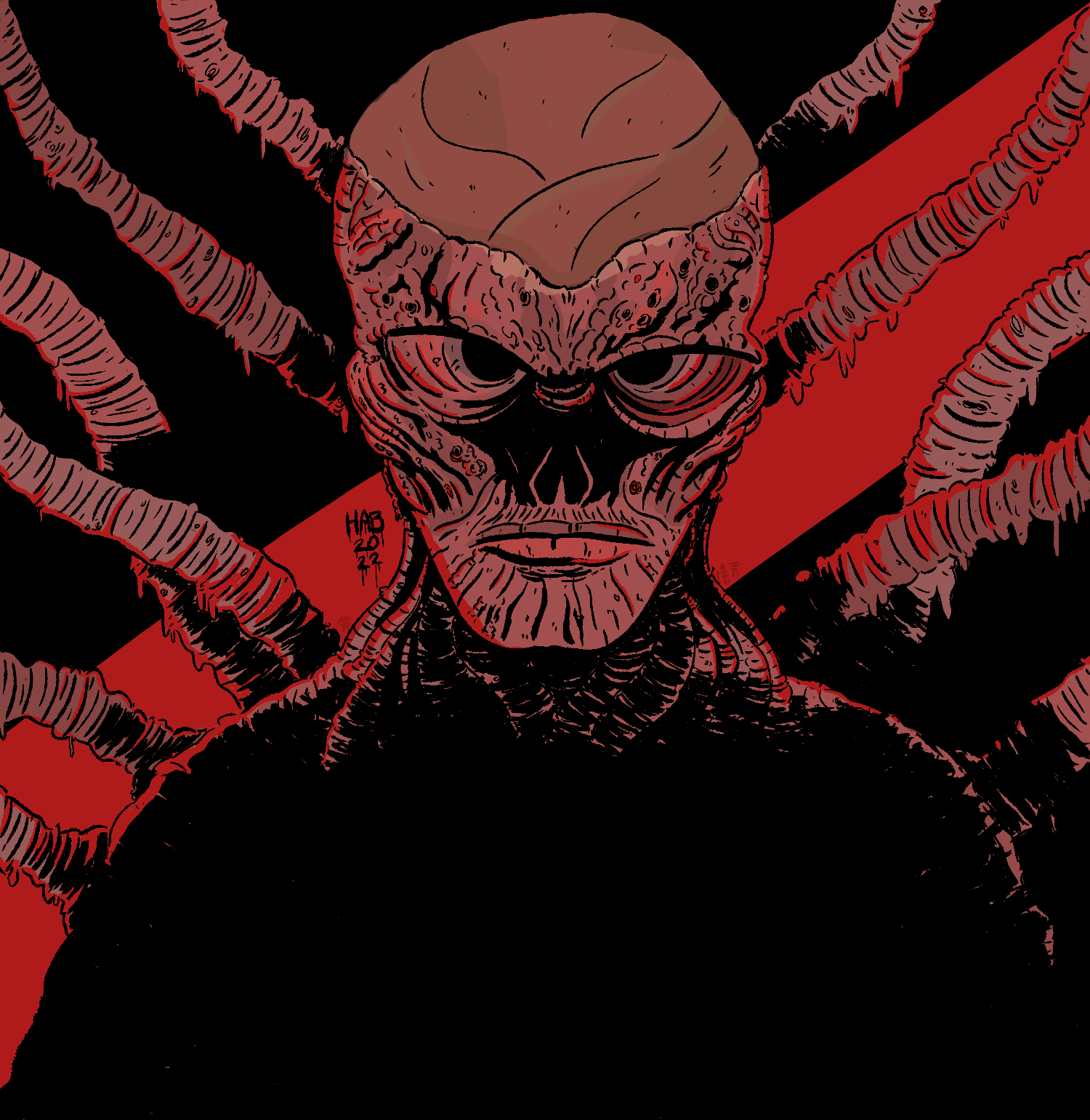A dark, comic-style illustration of an alien with a large head, skull features, and snake-like appendages extending from its head, with a black and red background.