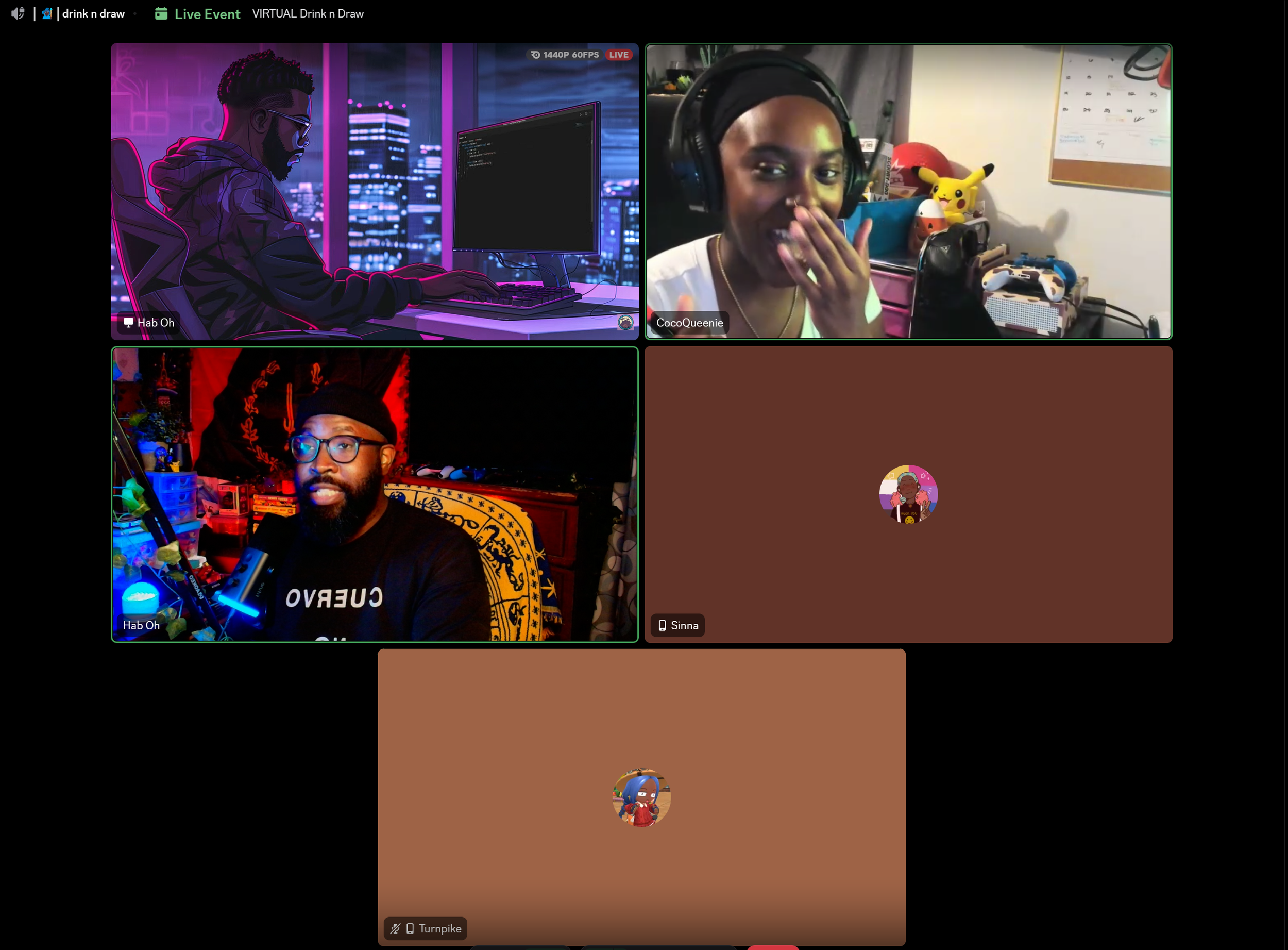 A virtual meeting with five participants, three visible and two with their cameras turned off. The top left shows a digital illustration of a person with glasses and curly hair using a computer, in a neon-lit urban setting. The top right has a woman 