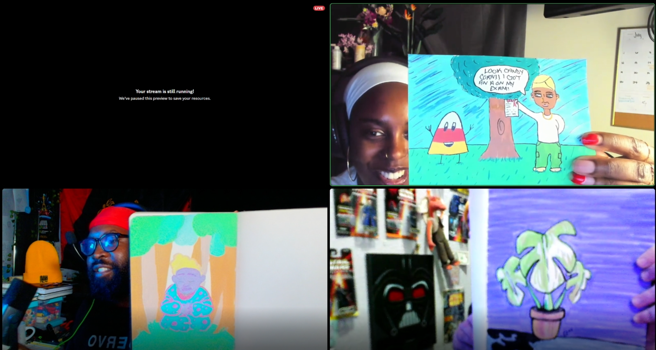 A screenshot of a virtual art show with four participants. Top right, a woman with a headband displays a hand-drawn cartoon of a girl and a candy corn character under a tree, with a speech bubble saying, "Look candy corn! I got an A on my exam!" Bott