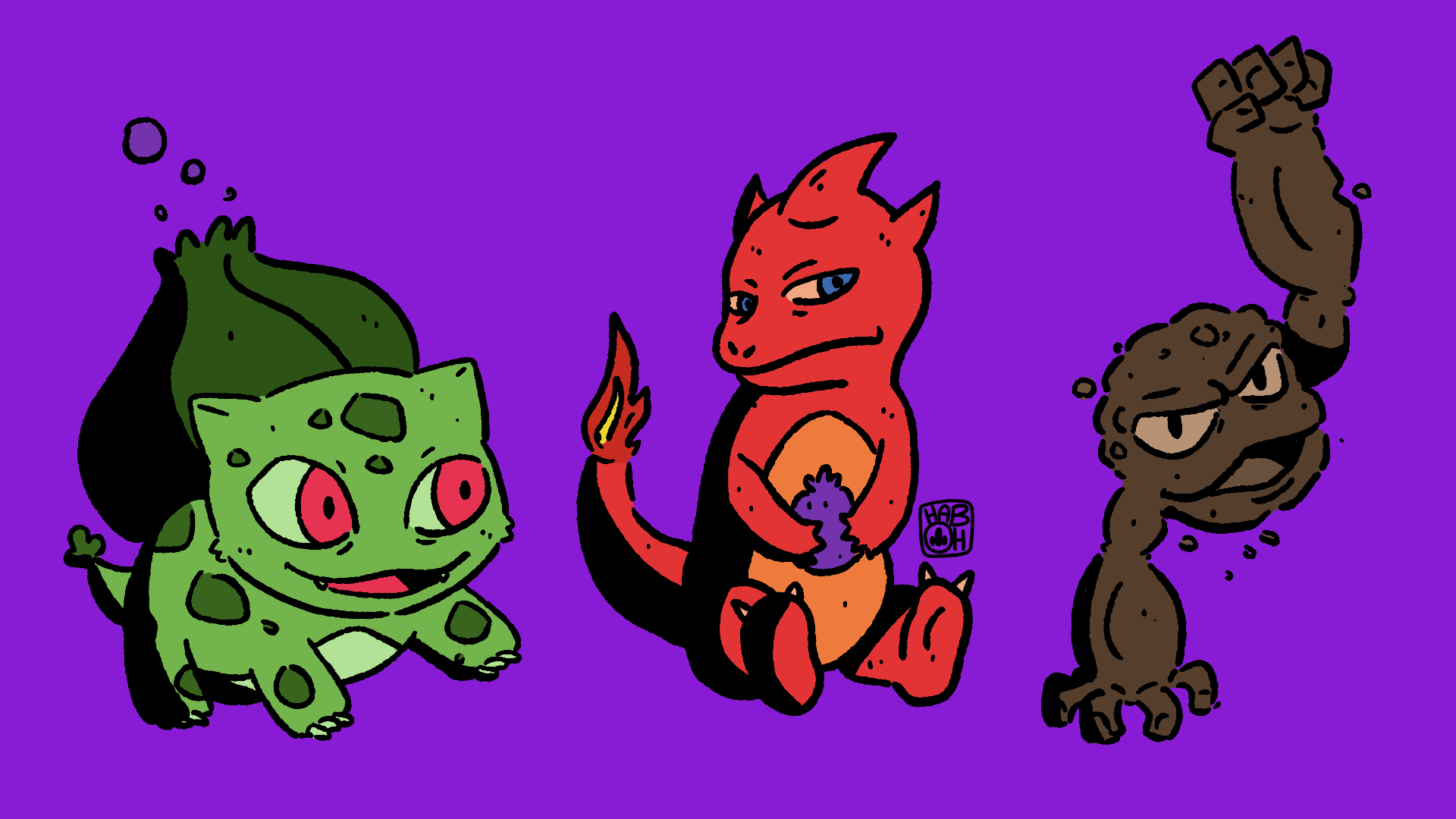 Three cartoon monsters on a purple background: a pink and green spotted creature with large eyes, a red dragon with a small purple creature in its arms, and a brown, lava-like monster with a grumpy face.