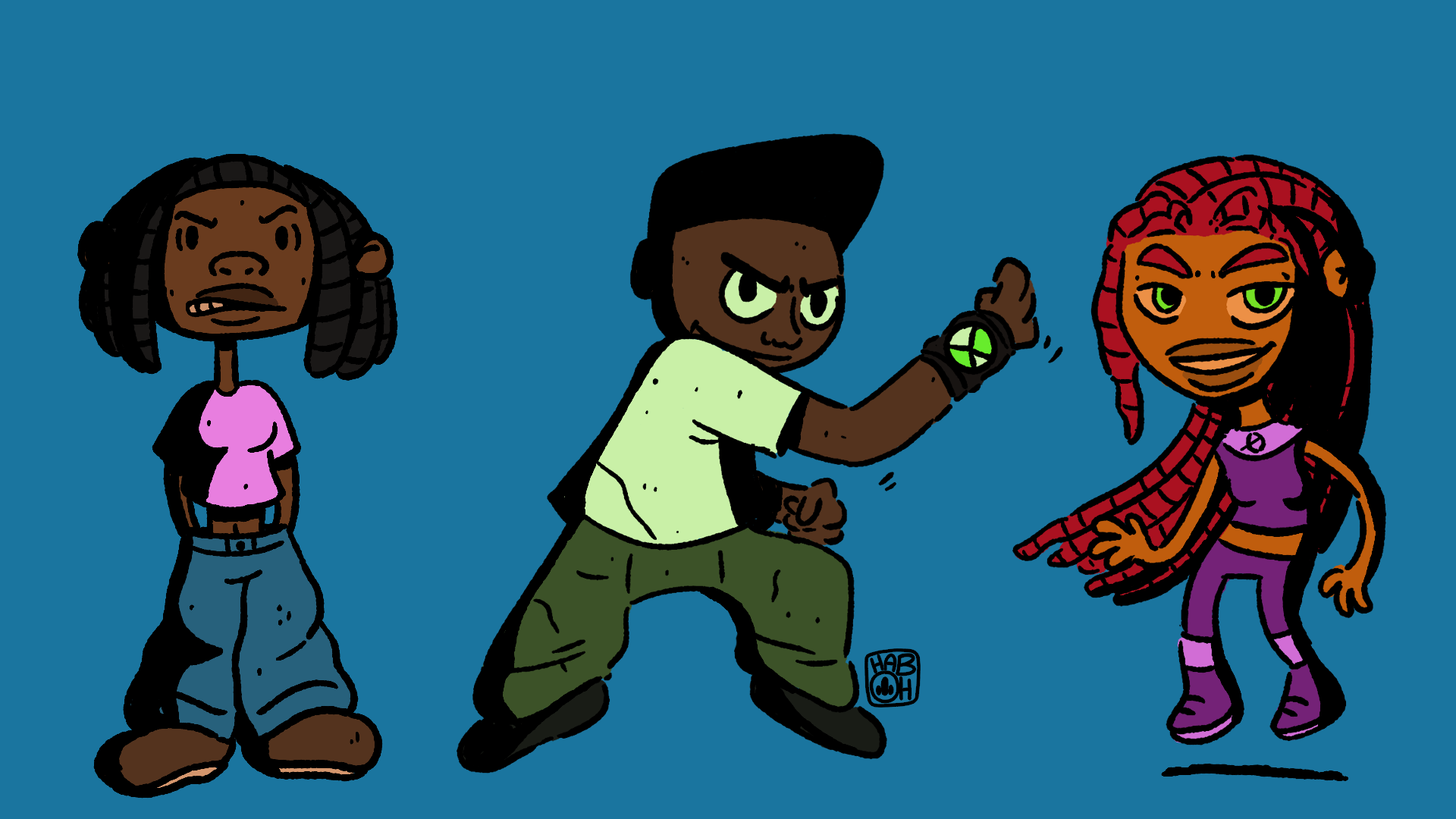 Three cartoon characters with distinct expressions and clothing against a blue background.