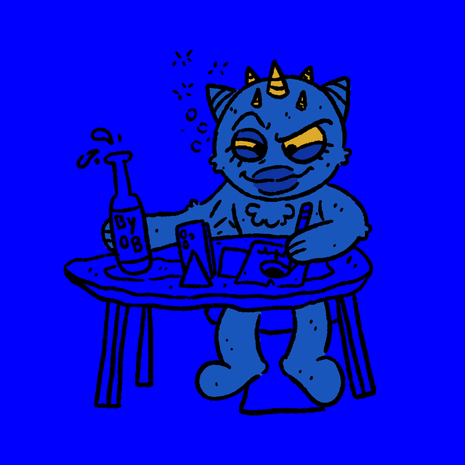 Drawing of a cartoon creature with a unicorn horn and cat-like features sitting at a cluttered table with a bottle, a card, and a drink. The creature looks tired or annoyed.