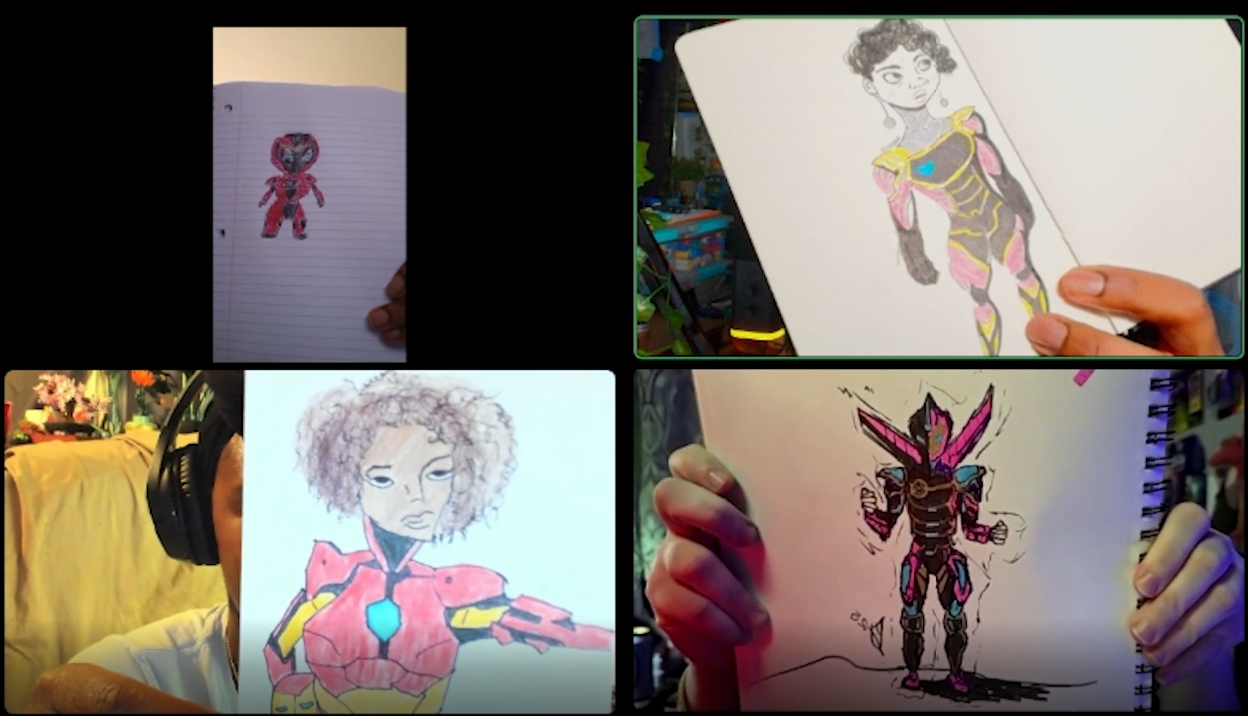 Launch of a virtual art class with participants displaying their superhero drawings, including characters with armor, hair, and insect motifs.