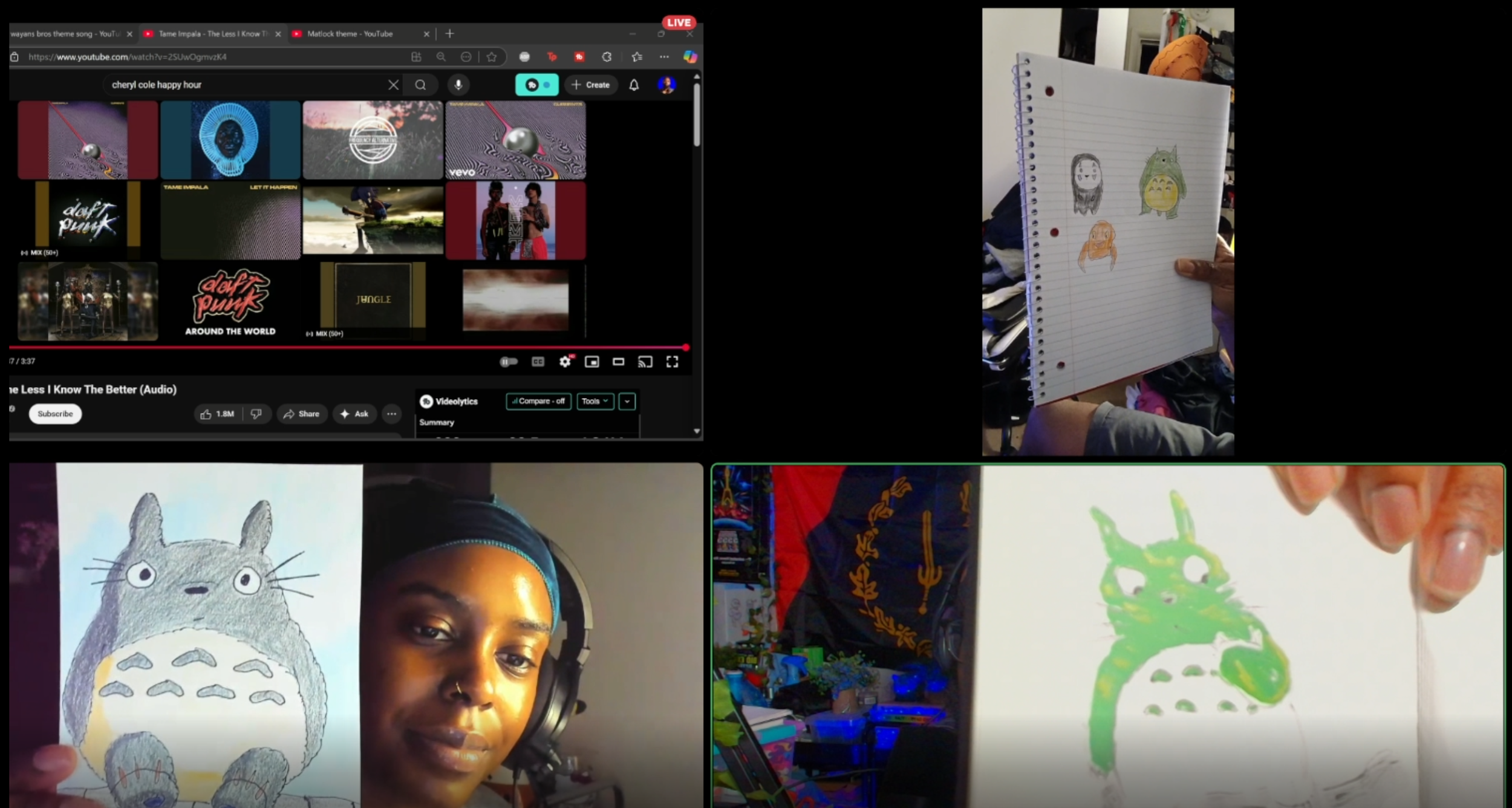 A video call with four participants, three showing artwork of Totoro characters and one showing a YouTube screen featuring music playlist thumbnails.
