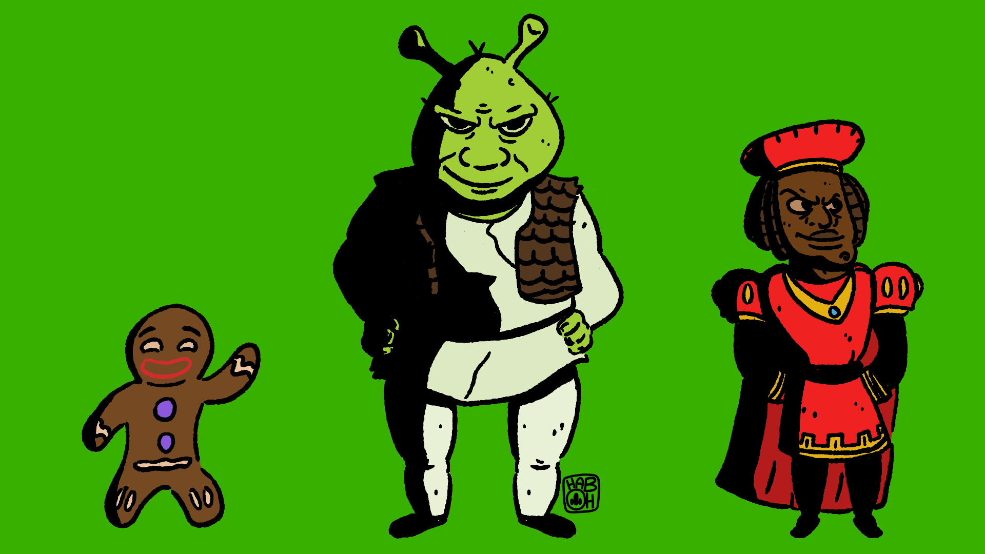 Cartoon characters of a gingerbread cookie, a bug-like creature with green skin, and a woman in a red dress with a matching headpiece, standing against a green background.