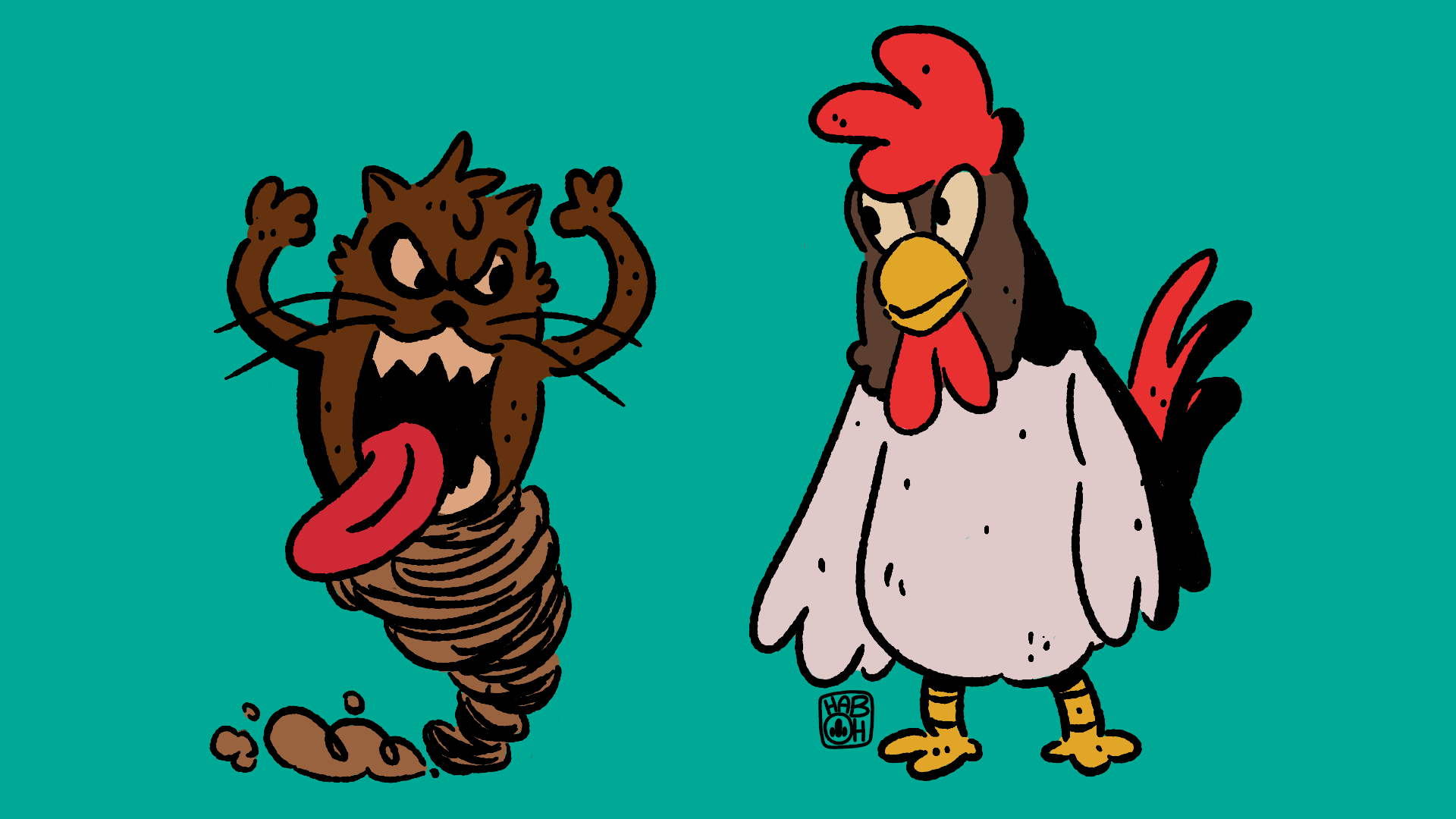 A cartoon cat with an angry expression, furrowed brows, and tongue sticking out, facing a cartoon rooster with a red comb and a neutral expression, standing on a teal background.