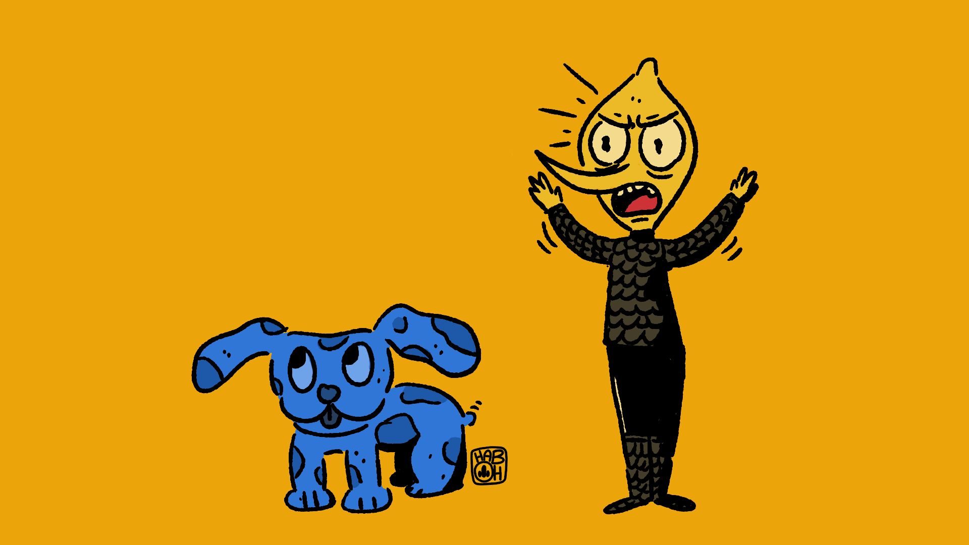 A cartoon drawing of a person with a lemon-shaped head and a blue spotted dog, both expressive and animated, against an orange background.