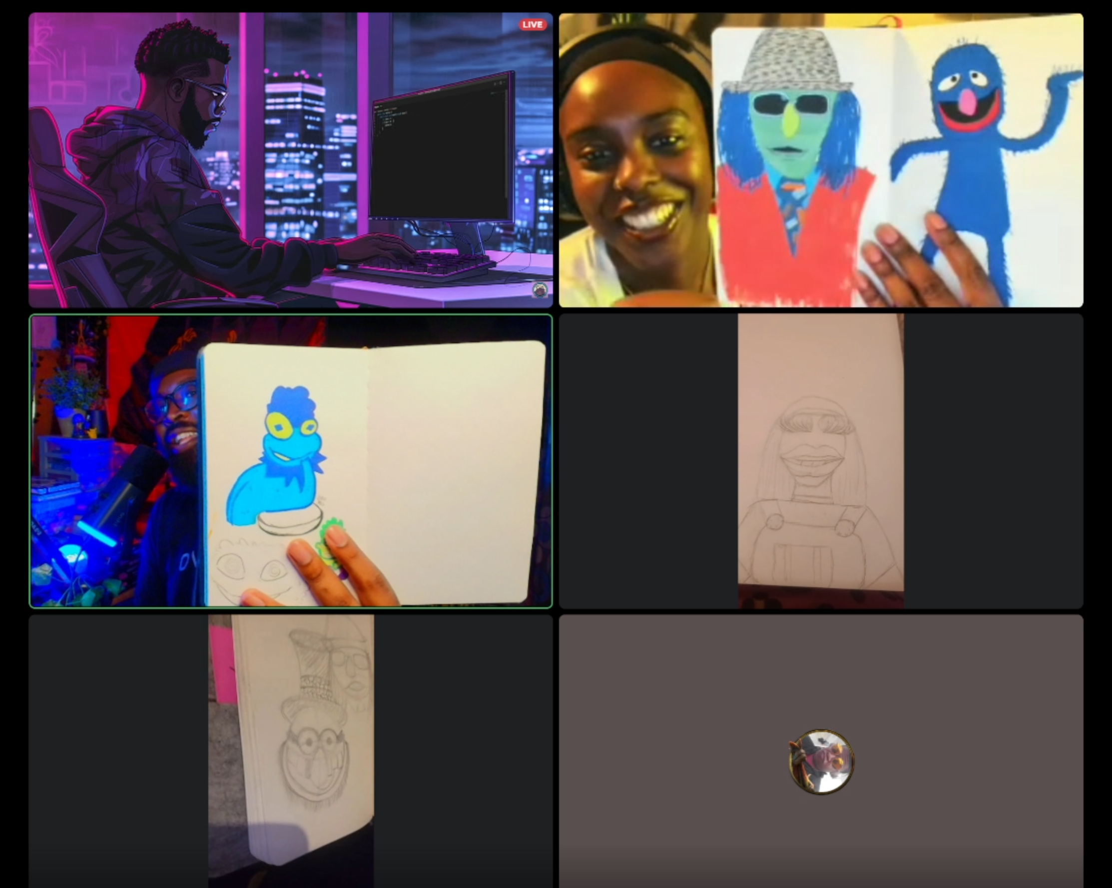 A virtual meeting with multiple participants, some showing drawings of cartoon characters and others smiling at the camera.