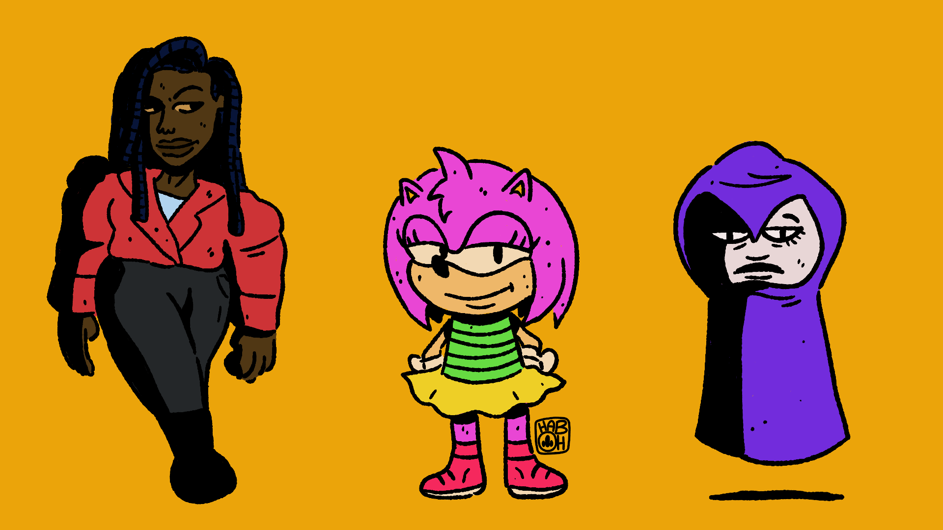 Three cartoon characters standing against a yellow background: a woman with dark skin and braided hair wearing a red jacket and black pants, a small character with pink hair, a yellow skirt, striped shirt, and pink boots, and a character with purple 