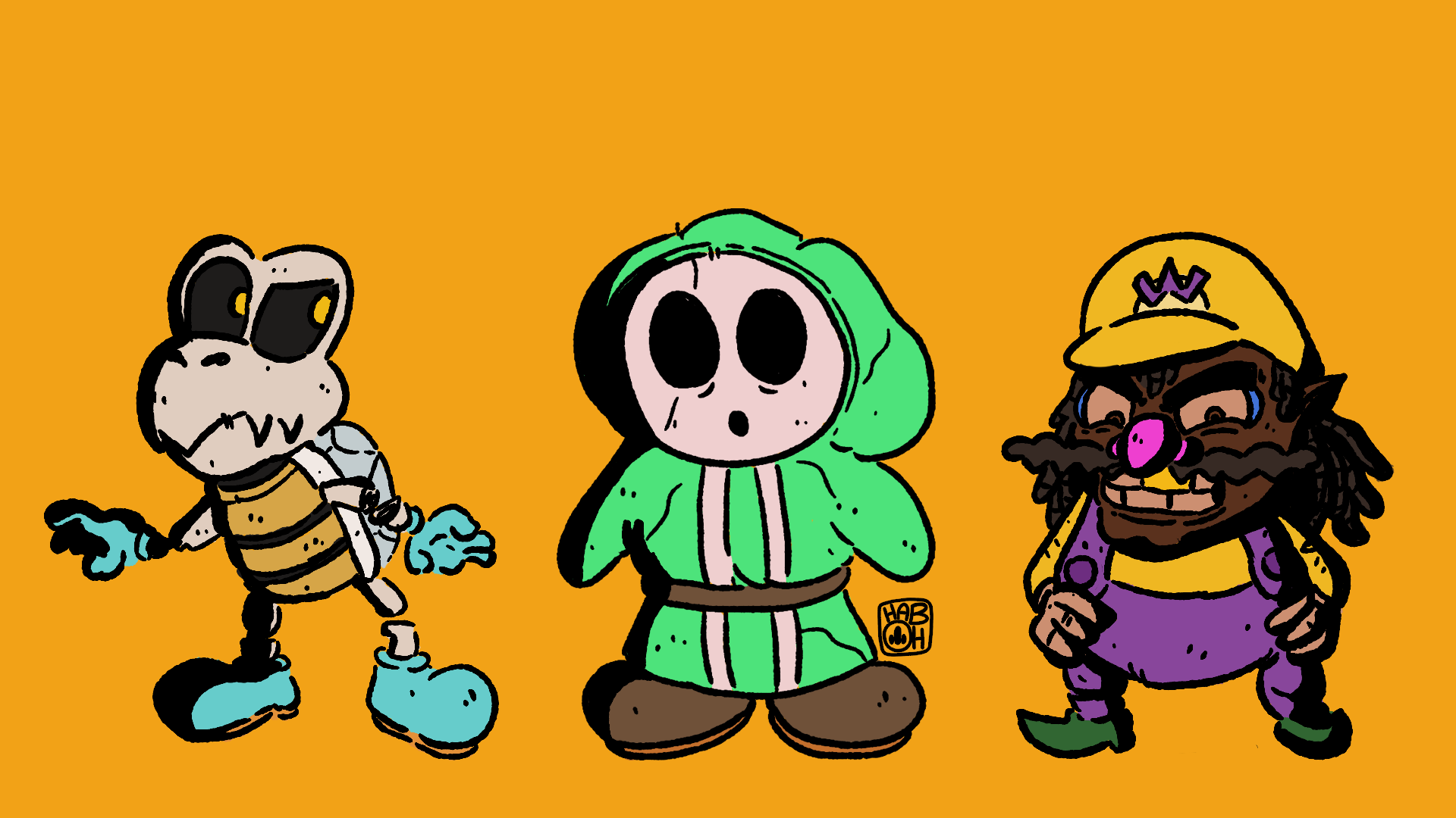 Cartoon characters of a skeleton in a green hoodie, a skeleton with a backpack, and a goblin in a yellow cap, standing against an orange background.