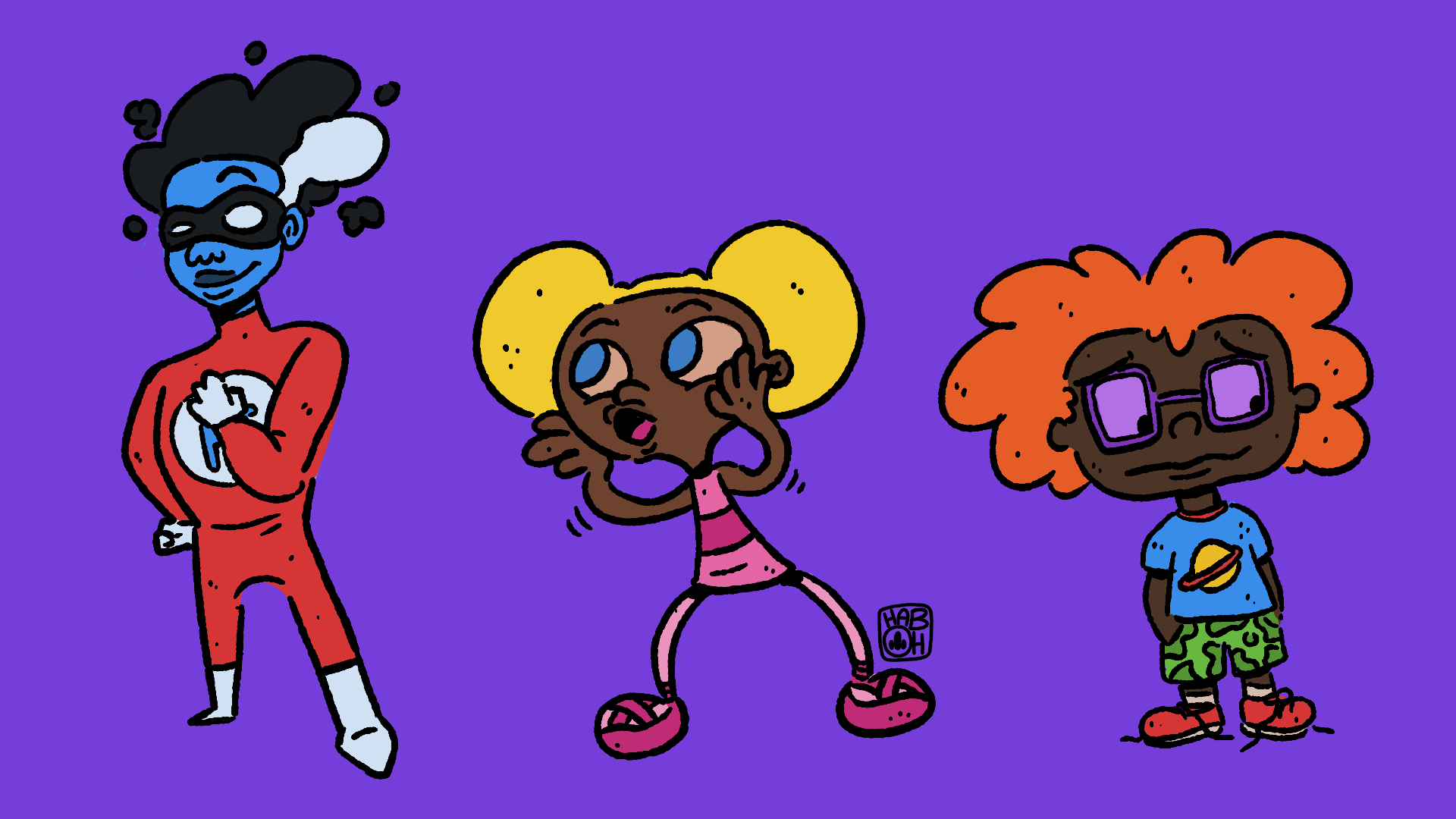 Three cartoon children with colorful hair and outfits standing against a purple background.