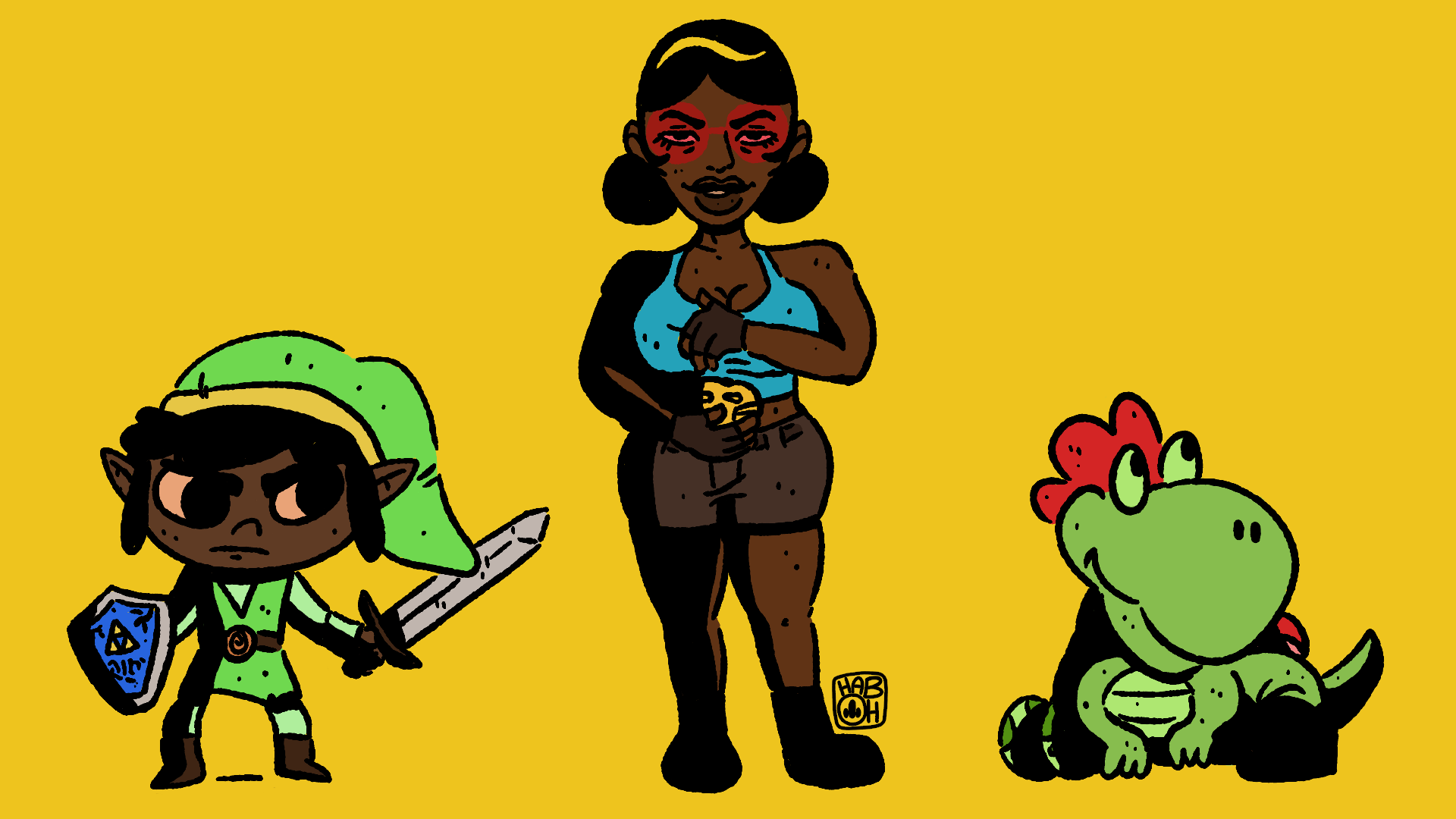 Cartoon-style illustration of three characters: a young elf warrior holding a sword and shield, a woman with dark skin, glasses, and athletic clothing, and a cute green dinosaur with red spikes on its head, all set against a yellow background.