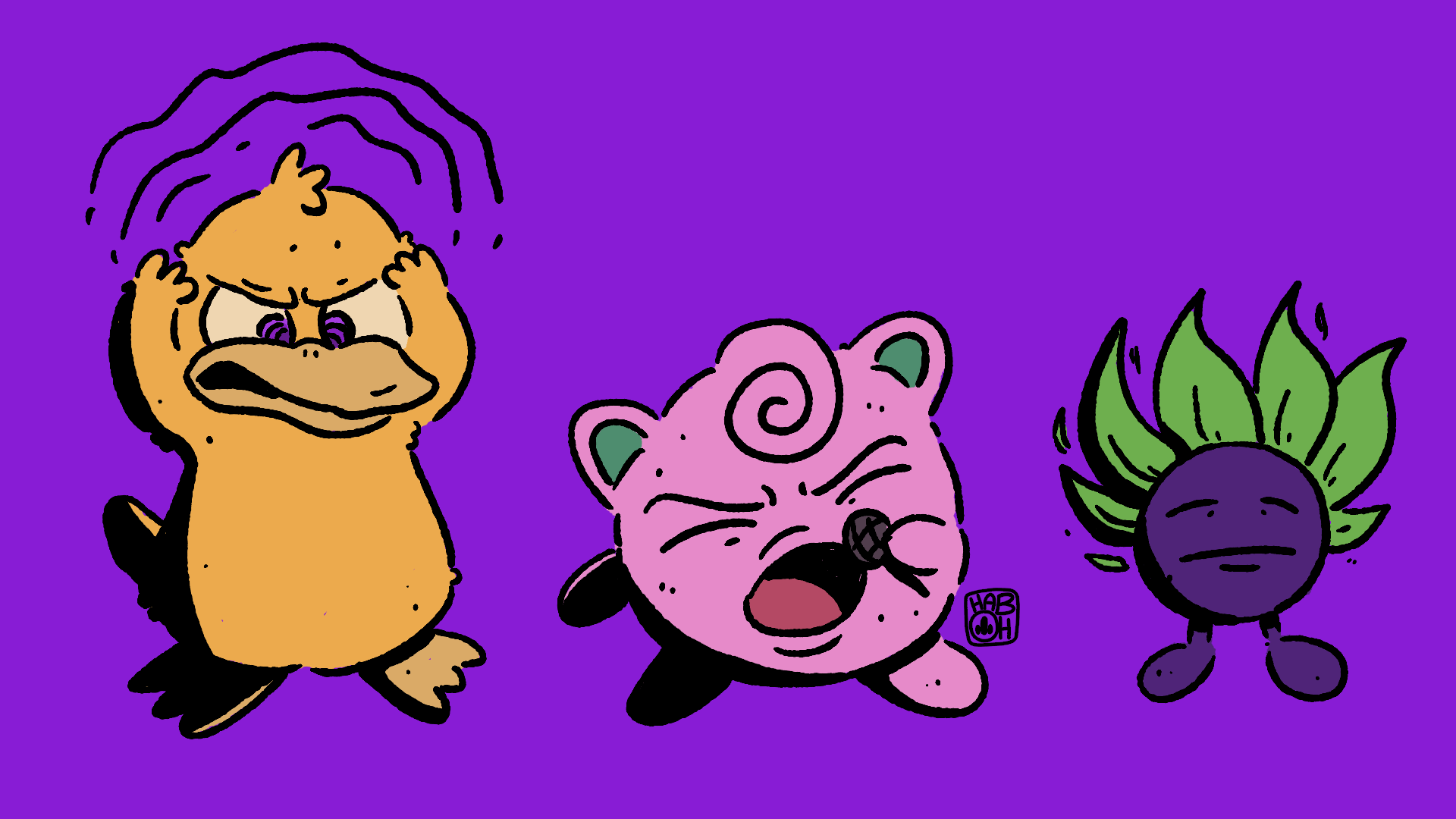 Illustration of three cartoon characters on a purple background. The first is a yellow bird with purple eyes, covering its ears. The second is a pink creature with a green spiral on its forehead, shown crying or singing with eyes closed. The third is