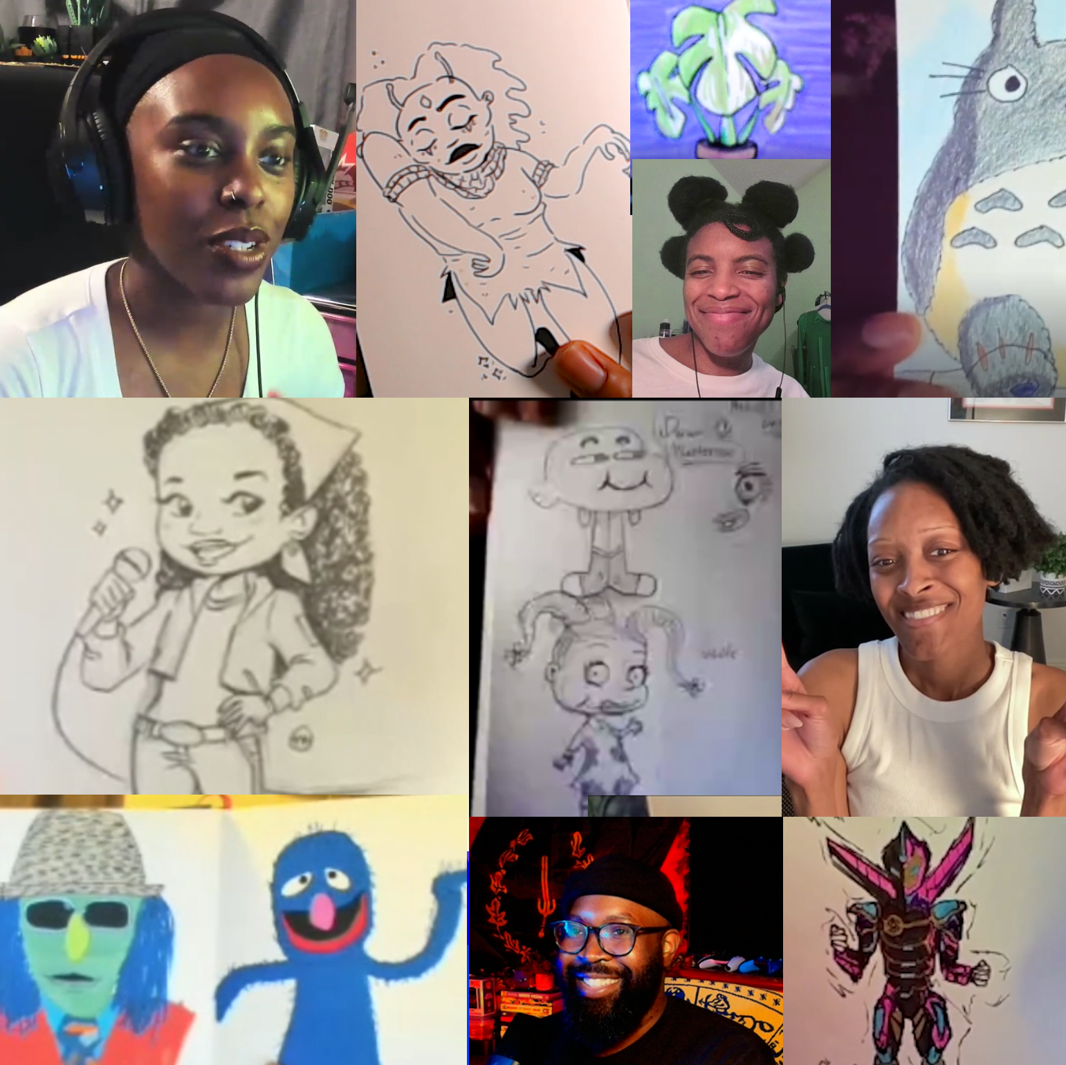 Multiple participants in a virtual meeting each displaying their hand-drawn cartoon characters or illustrations, with some showing sketches and others showing colored artwork.