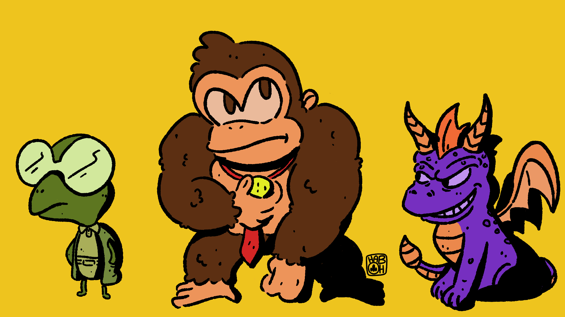 Cartoon illustration of a green frog wearing glasses and a coat, a large brown monkey with a red tie and a gold medallion, and a purple dragon with orange horns and wings, all set against a yellow background.