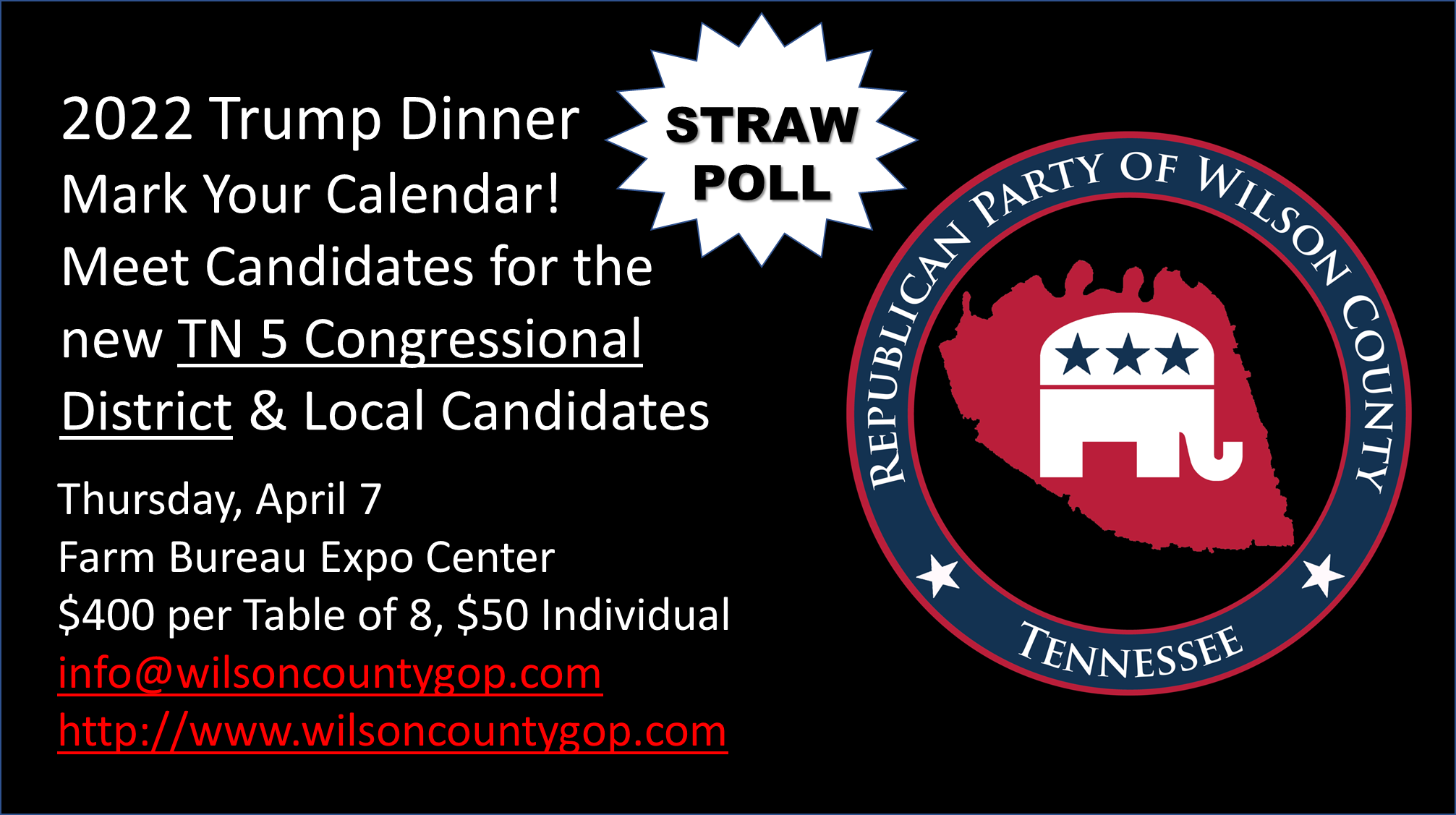 Mark Your Calendar, April 7th - WCGOP Trump Dinner - TN 5 and Local Candidates!