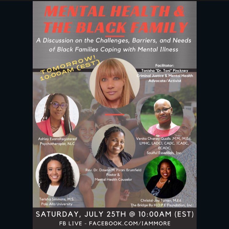 Join us tomorrow, July 25, at 10AM EST as we close out National Minority Mental Health Awareness month for a panel discussion about mental health in Black family the challenges, barriers, and coping mechanisms revolving around mental illness. A link 