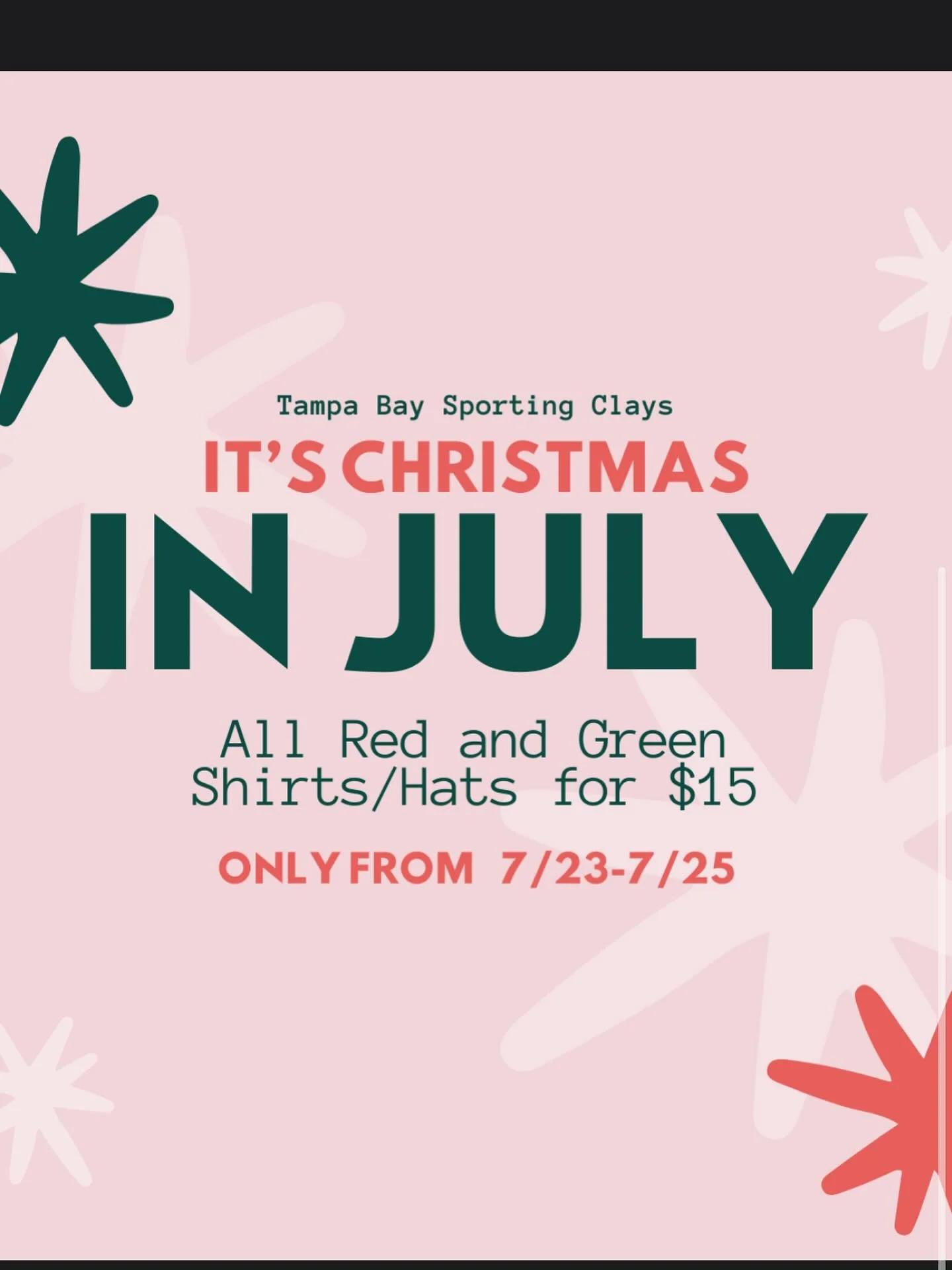 🎄✨ It&rsquo;s CHRISTMAS IN JULY at Tampa Bay Sporting Clays! ✨🎄
All red &amp; green shirts and hats are just $15 &mdash; but only from 7/23 to 7/25!
Don&rsquo;t miss the festive fun &amp; great deals! 🎁🎯
