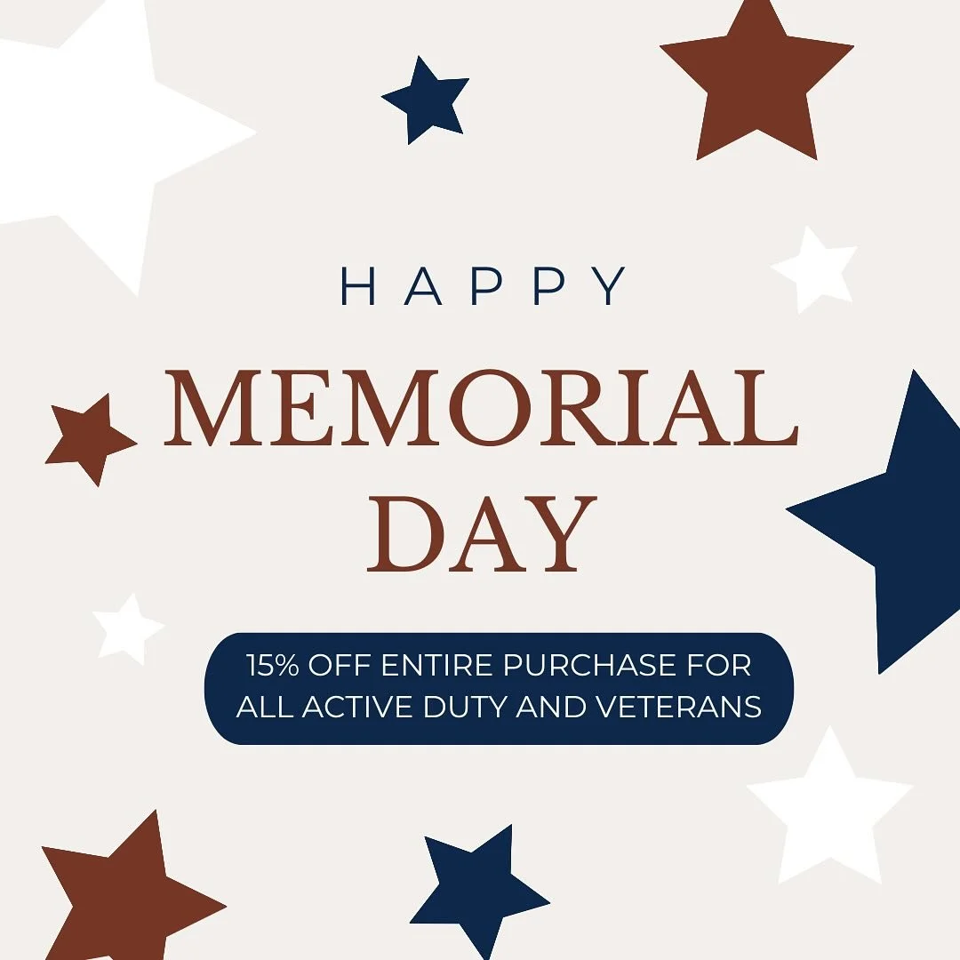 Hey folks! 
In honor of Memorial Day/Weekend, we are offering 15% off of entire purchases for any service members- past or present. 🇺🇸
We&rsquo;re not open on Memorial Day, but we want to celebrate it all weekend! 
We&rsquo;re open Saturday &amp; S
