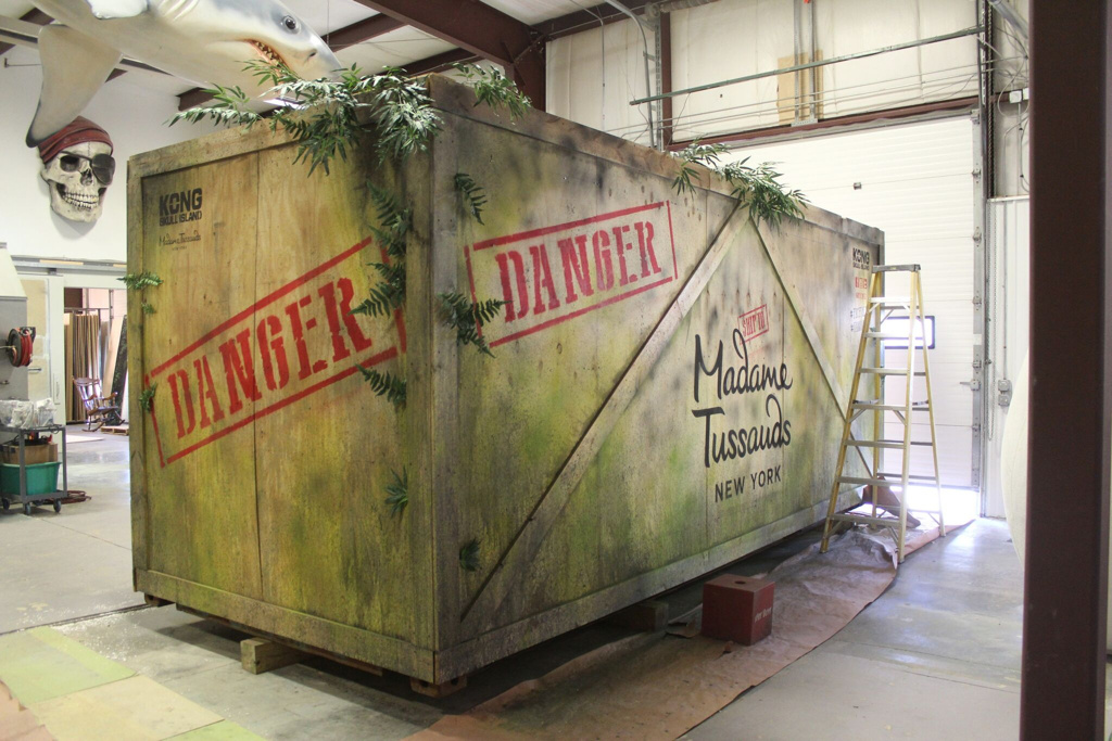 Madame Tussaud's Kong: Skull Island themed shipping container labeled 'danger'