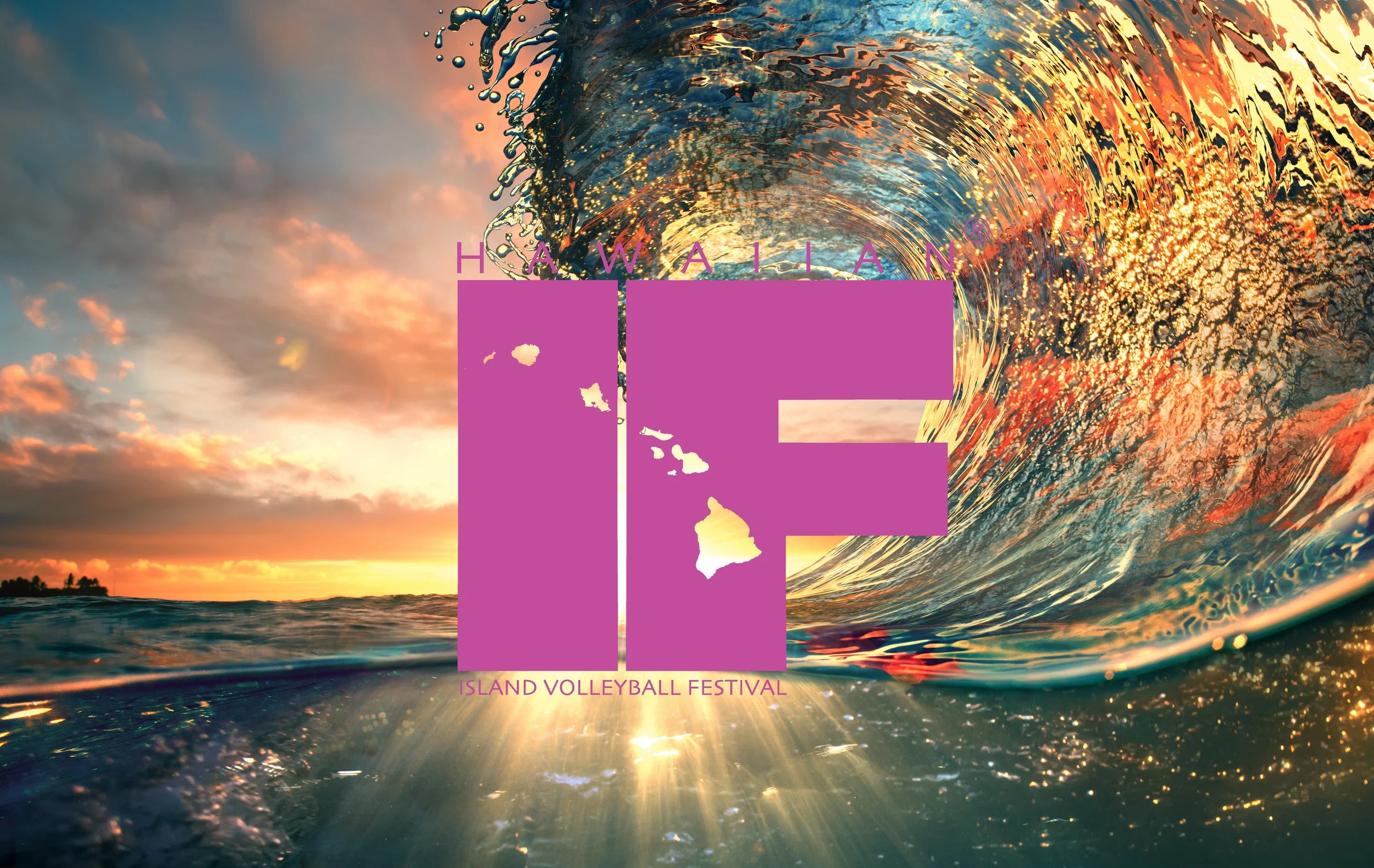 Hawaiian Island Volleyball Festival logo,on a wave in Hawaii