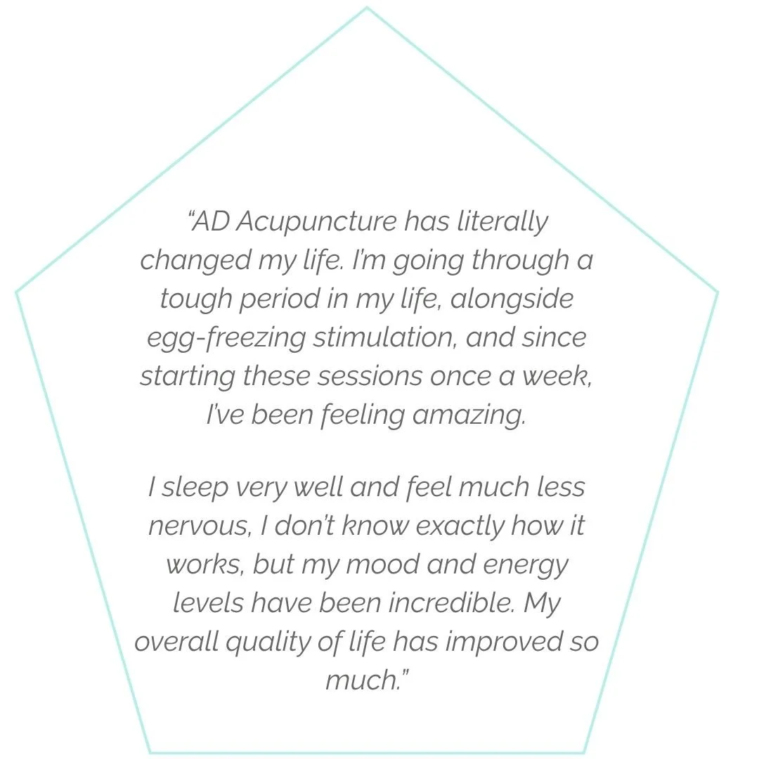 Customer testimonial in a pentagon-shaped frame about benefits of acupuncture, mentioning improved sleep, mood, and energy levels.