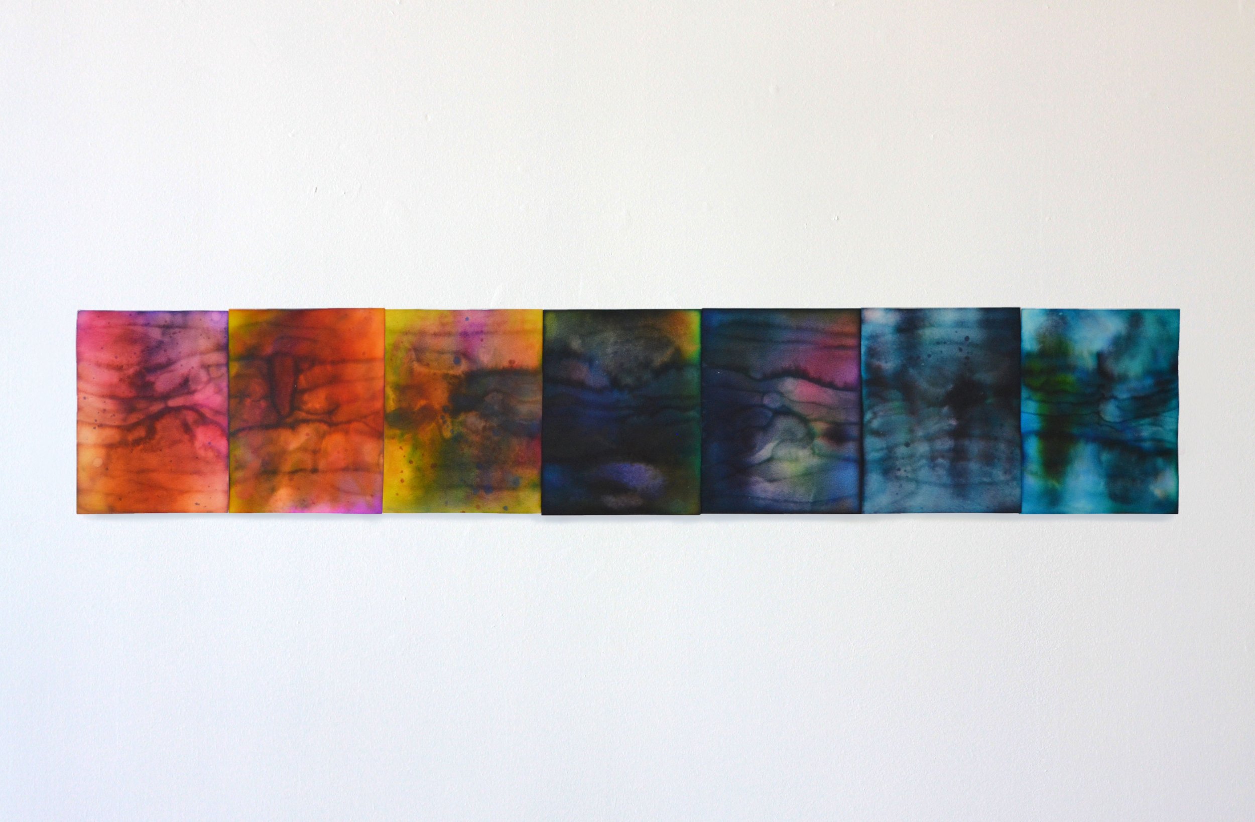  Week I (April 13-19 2020), ink on 7 sheets of chromatography paper soaked in Vodka, Marijuana, Tylenol, Gin, Advil, Mezcal, and Amoxicillin solutions, 5 x 31.5 inches overall 