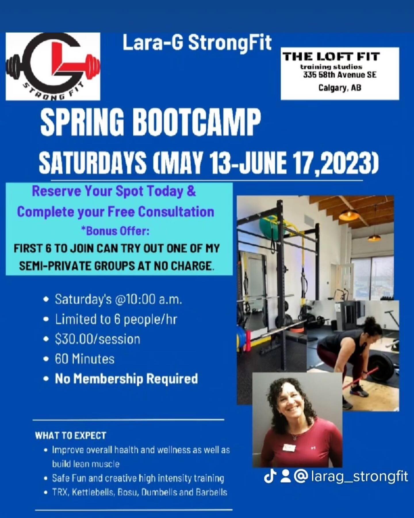 Lara will be hosting a Spring Bootcamp starting Saturday May 13th! Spots are limited. If you are interested please DM us here or contact Lara directly. 
💪
#fitnesscalgary #bootcamp #personaltrainer #springfitness