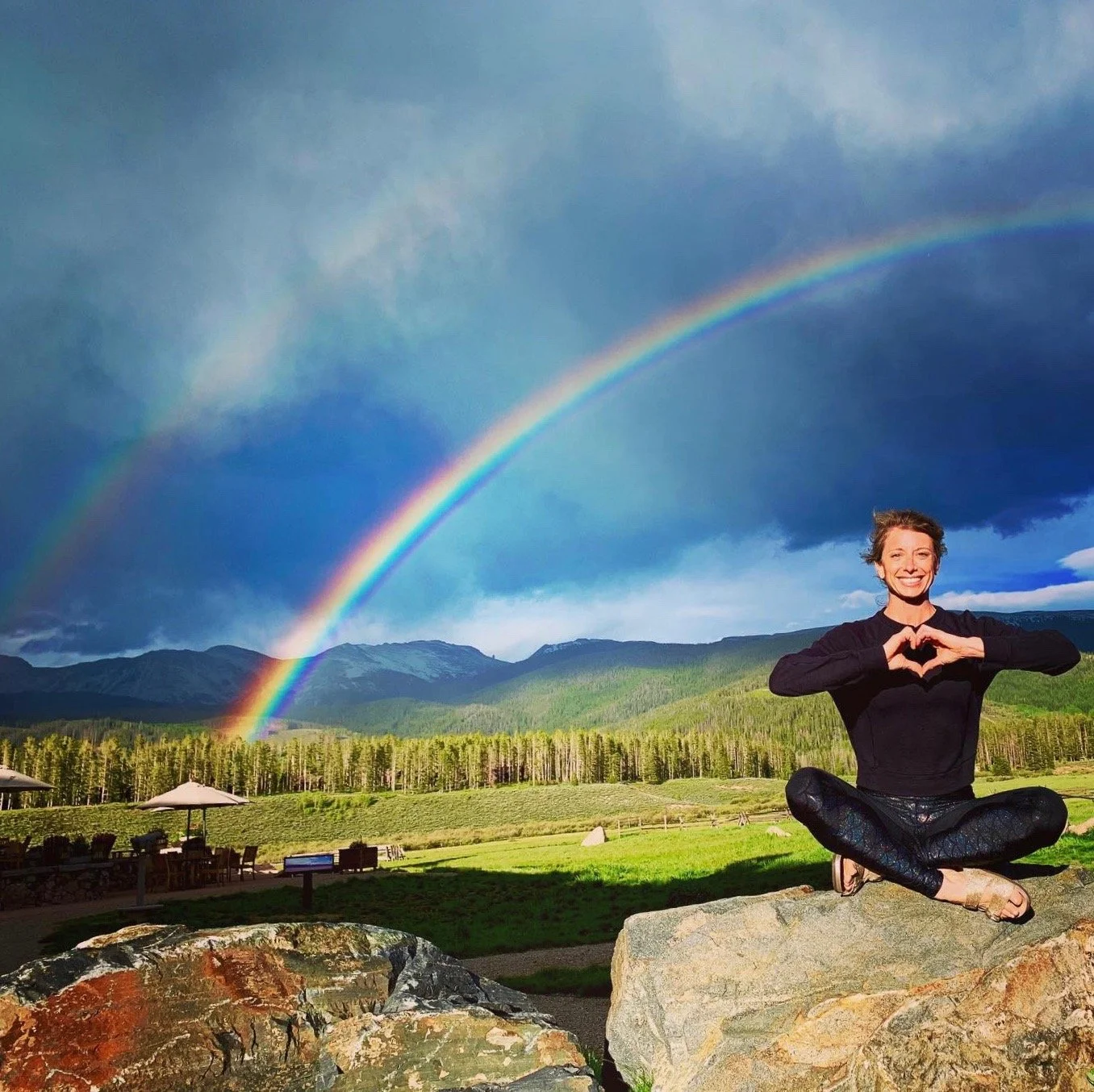 A double rainbow over Devil’s Thumb Ranch to culminate a Breathe Now Retreat for The Dear Jack Foundation