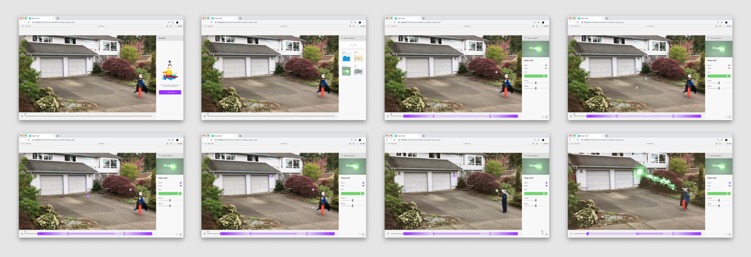 A handful of screens from the bandersnatch-like axure prototype. Here a user adds an effect, positions and tracks it, sets a target, and times it to their footage.