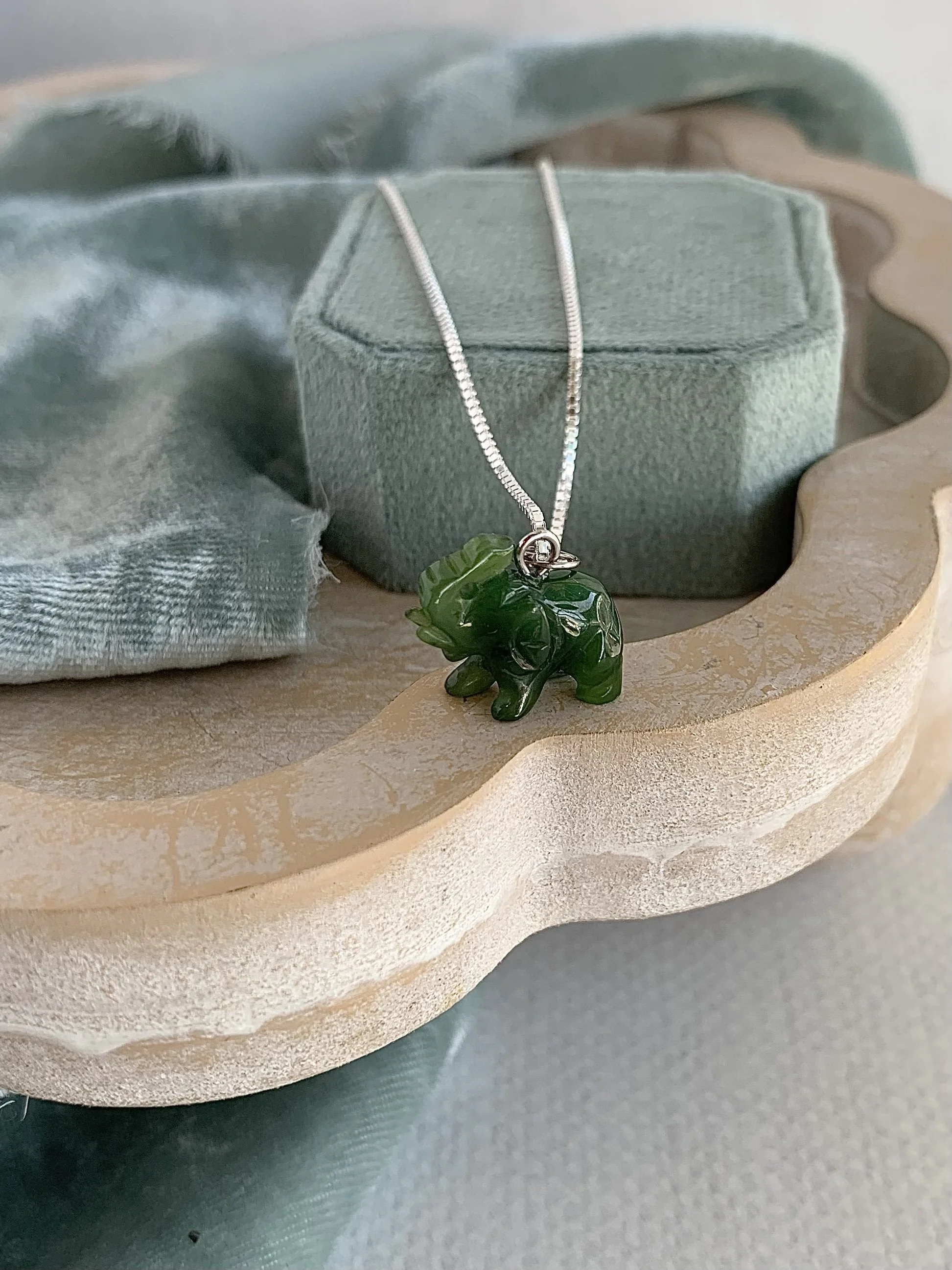 Happy Little Jade Elephant Silver Necklace