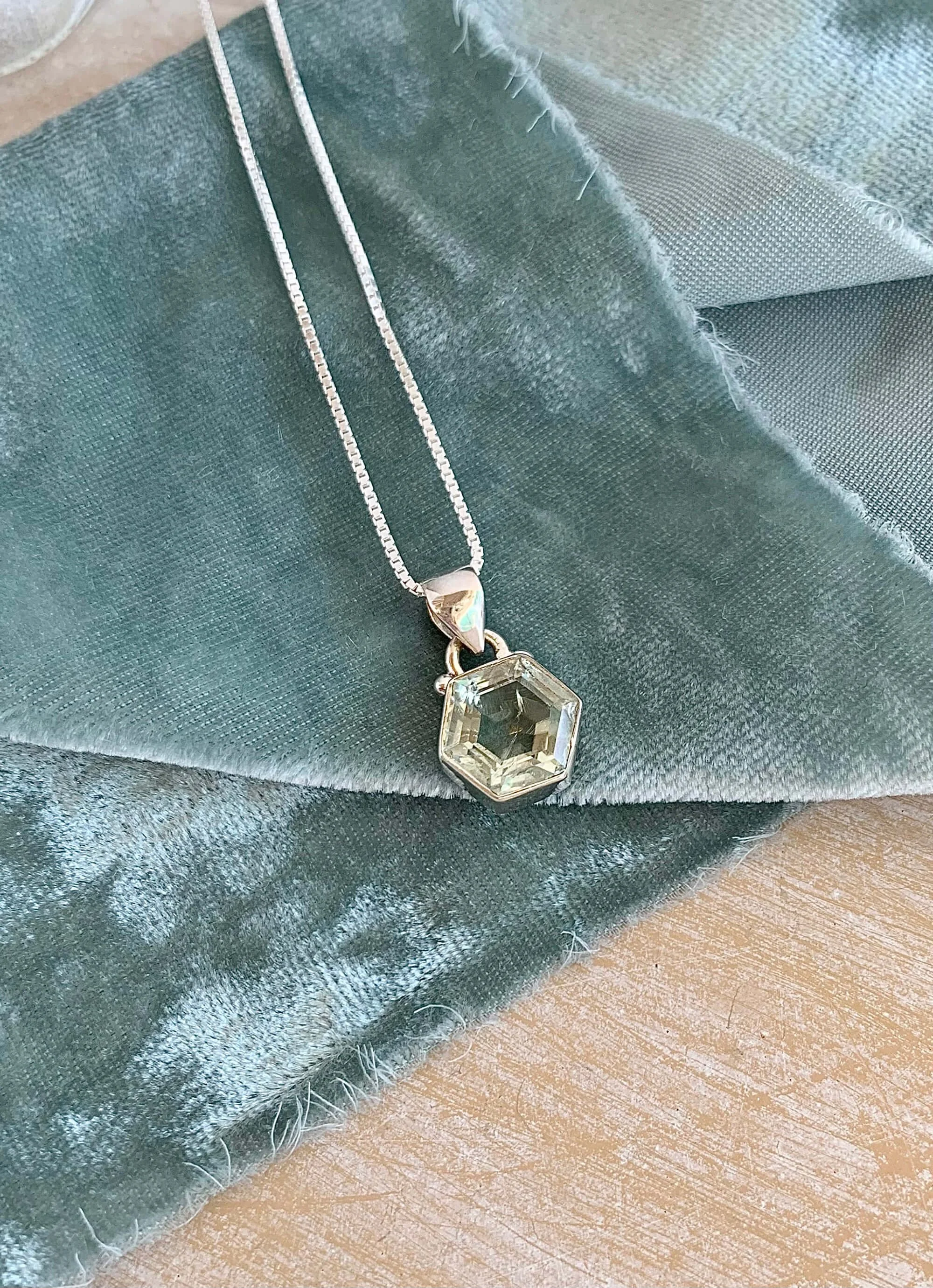 Green Amethyst Hexagon Silver Necklace