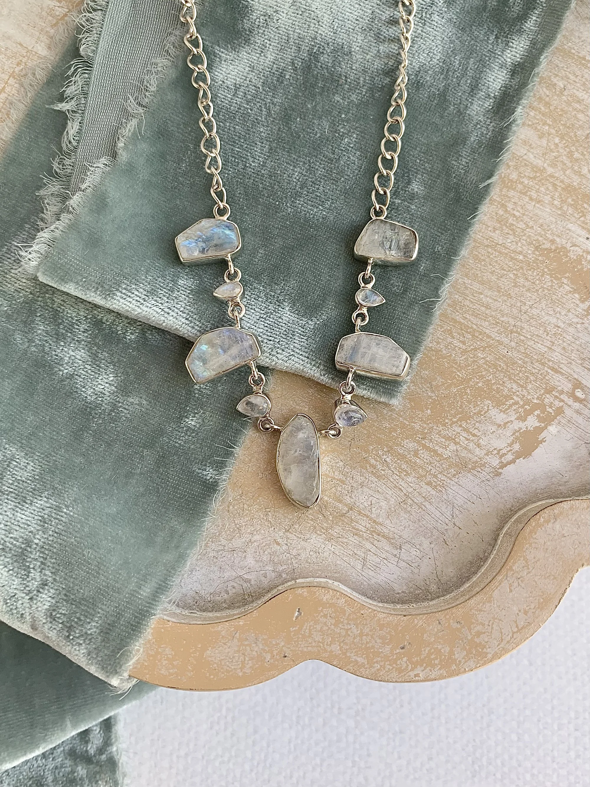 Rough Rainbow Moonstone Silver Necklace