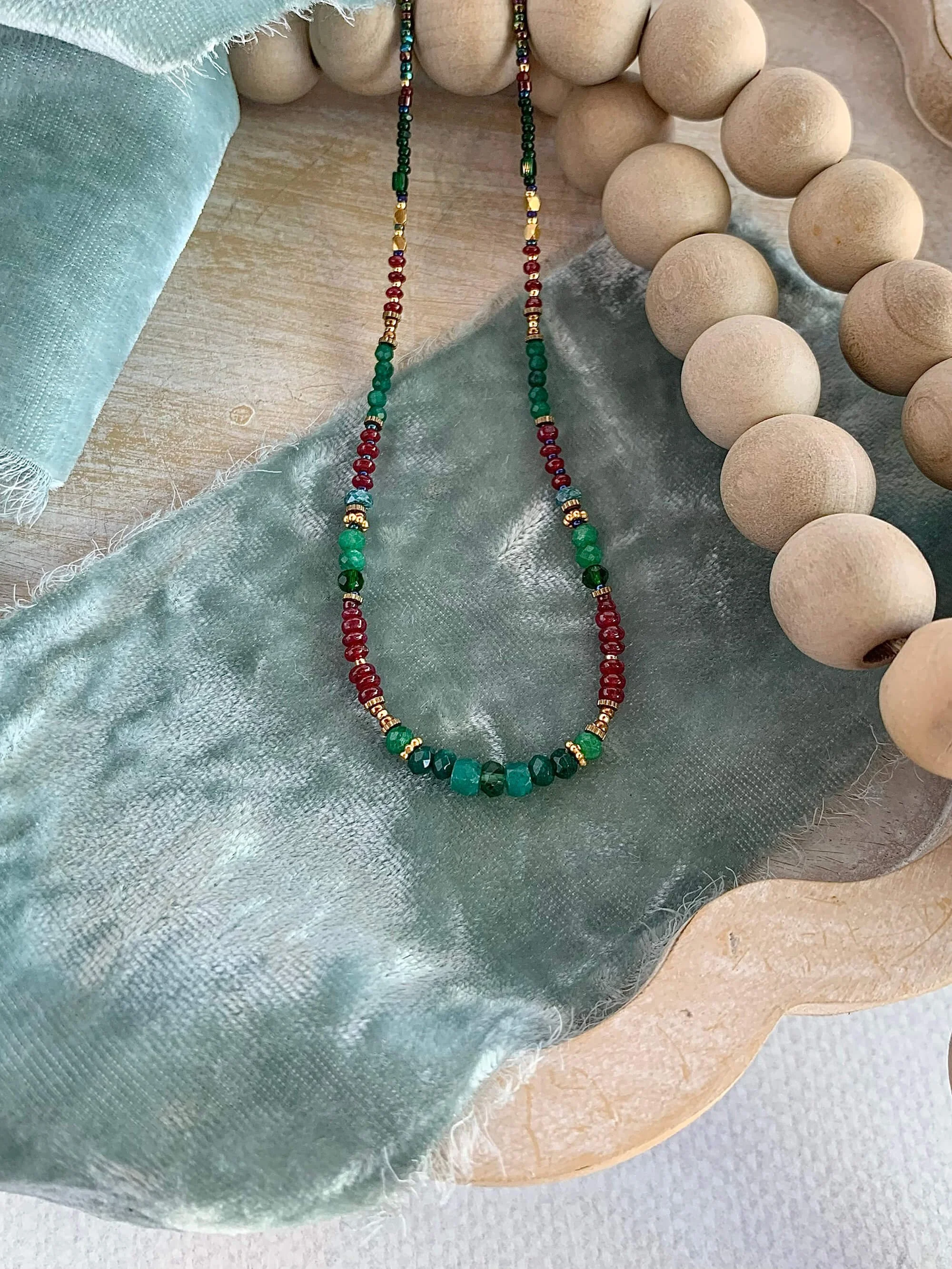 Ruby Emerald Chalcedony Gold Fill Necklace
