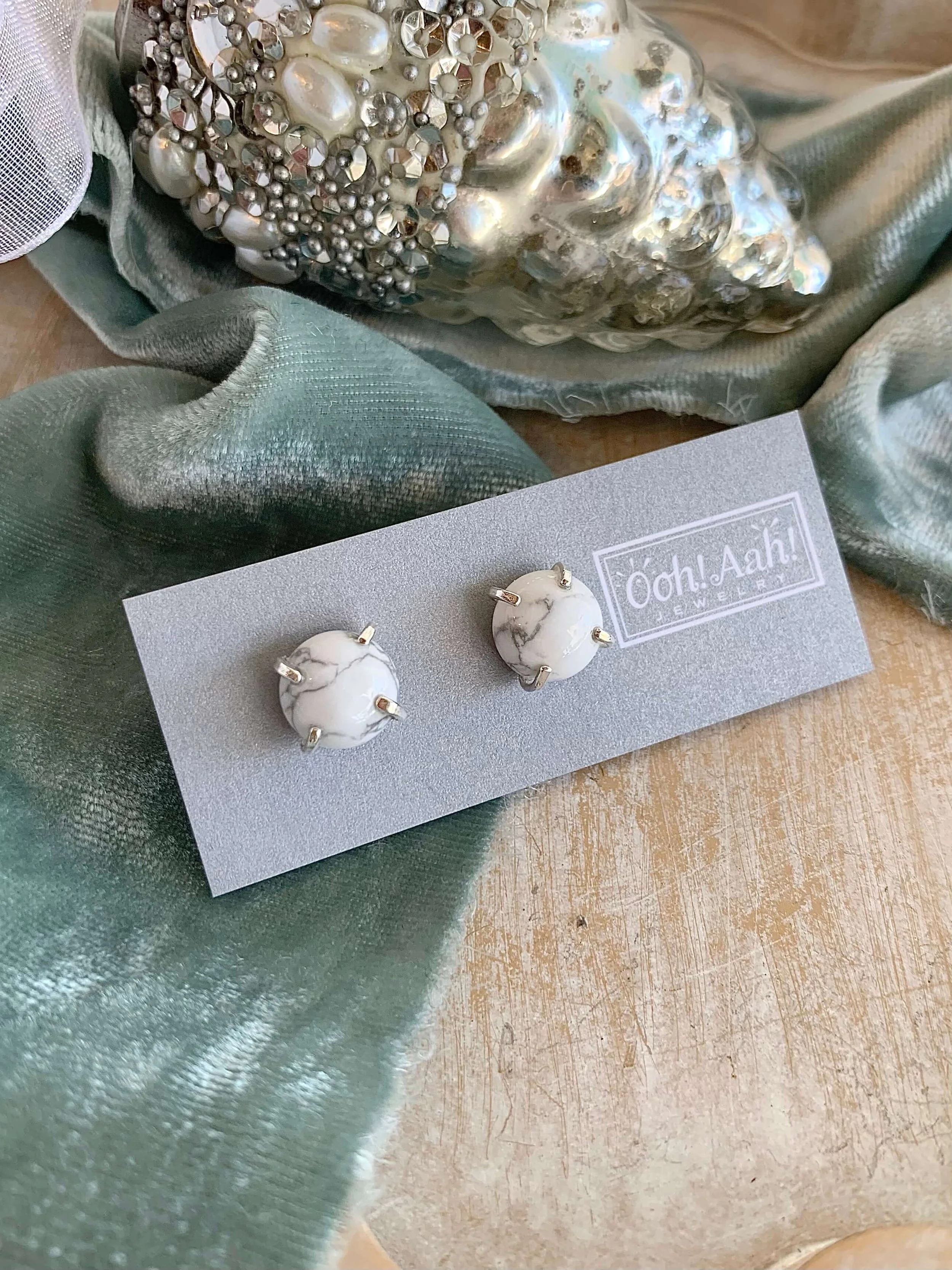 Claw Prong Set Howlite Silver Earrings