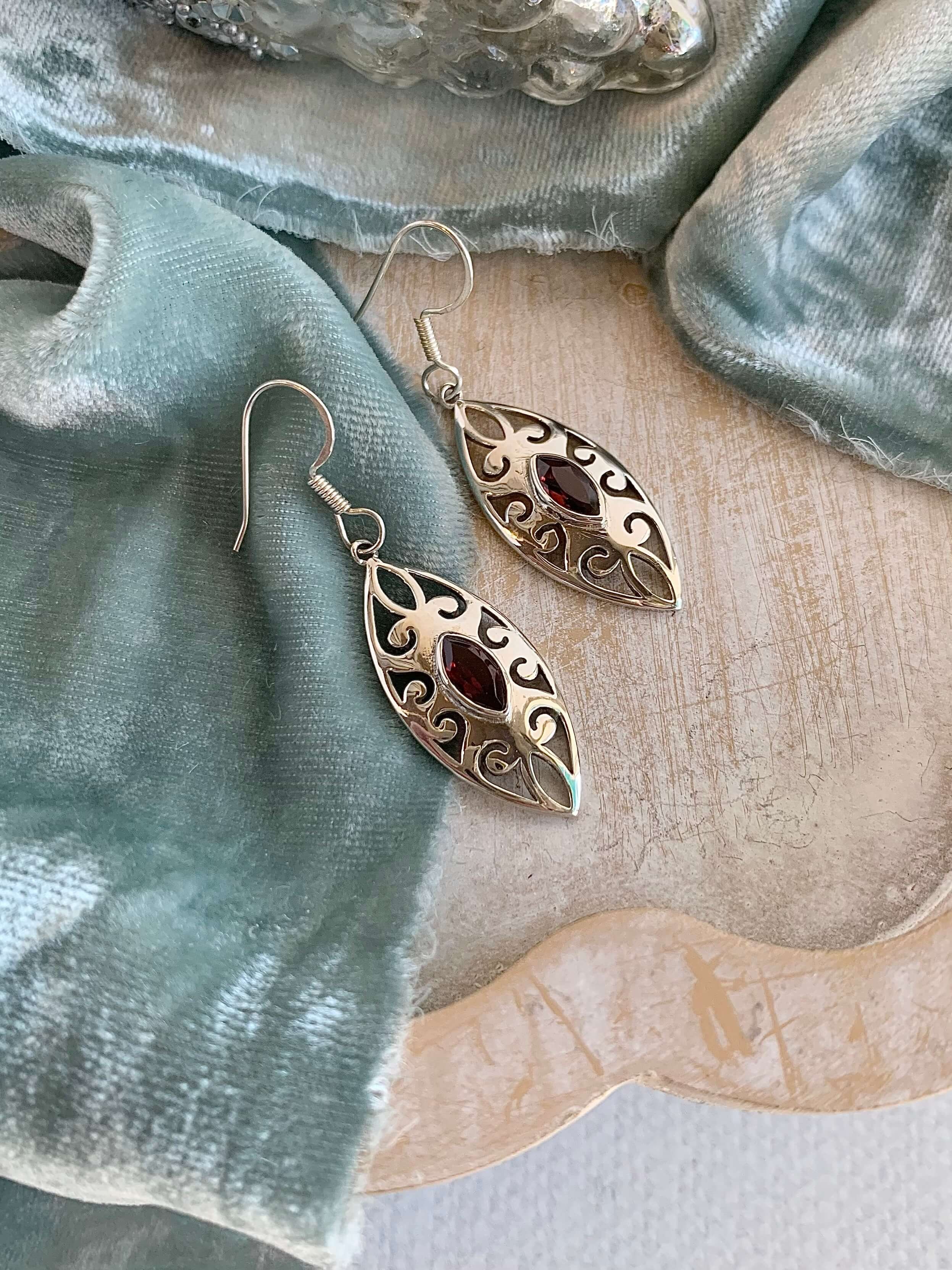 Scrolled Garnet Silver Earrings