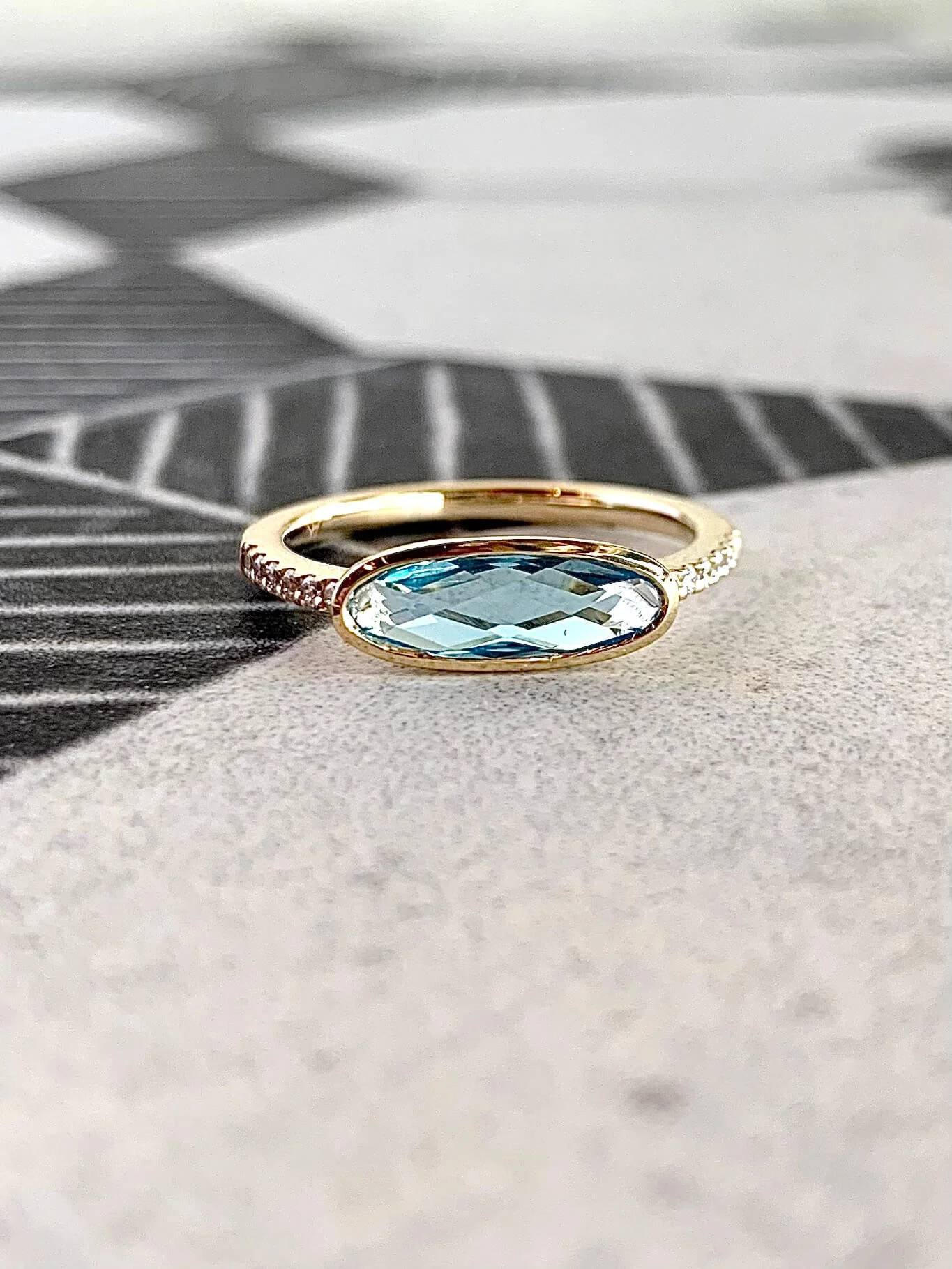East West Set Blue Topaz & Diamond 14k Yellow Gold Ring