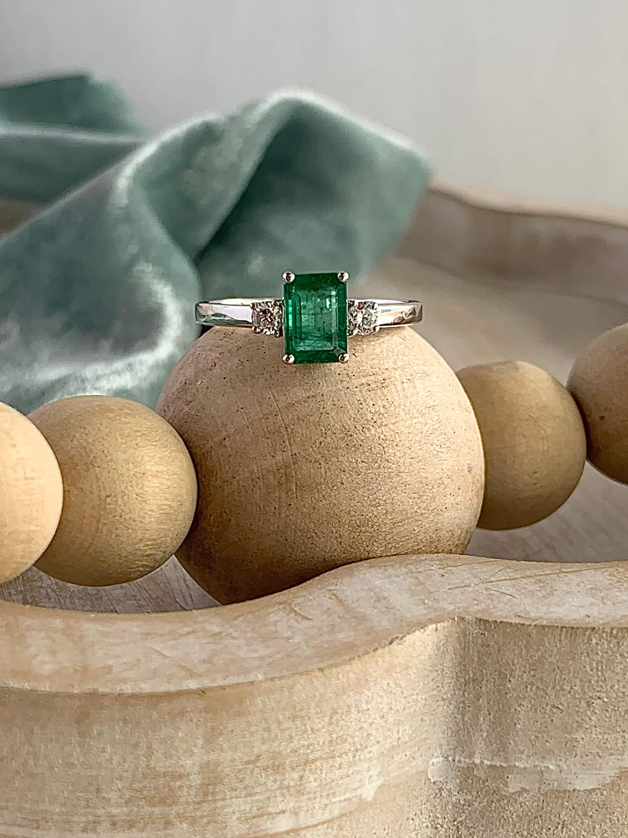 Emerald Cut Emerald & Diamond Trio 14k White Gold Engagement Ring