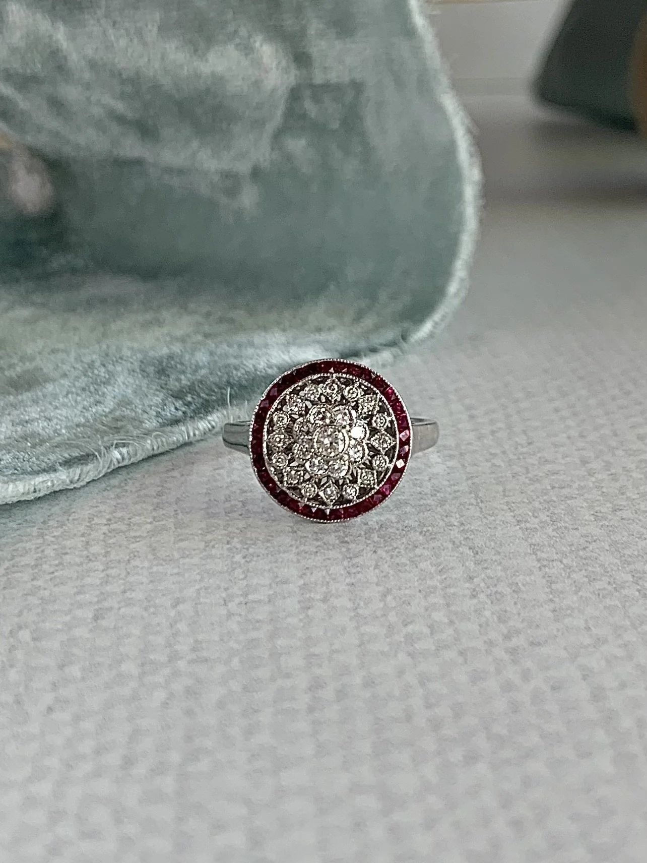 Leroux Ruby & Diamond Platinum Engagement Ring