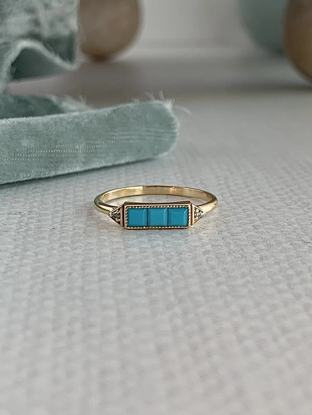 Square Turquoise Diamond 18k Yellow Gold Ring