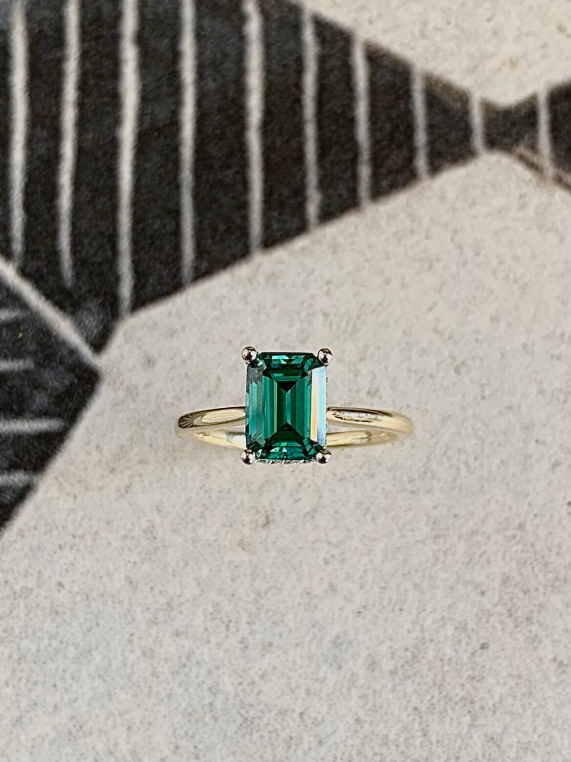Clover Emerald Cut Green Moissanite 14k Yellow Gold Engagement Ring ...