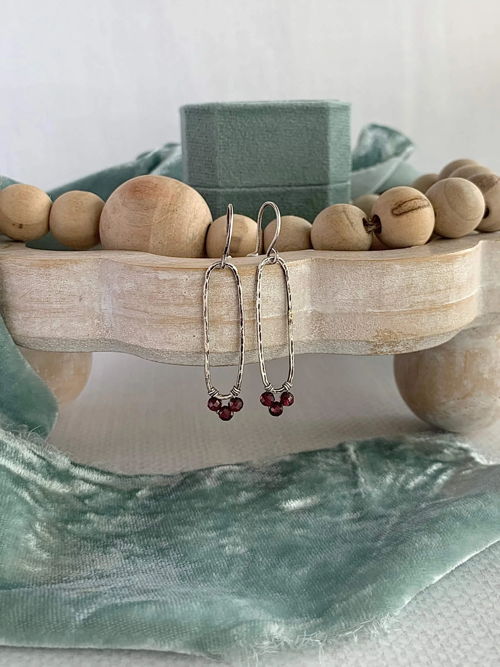 Garnet Forged Long Silver Earrings