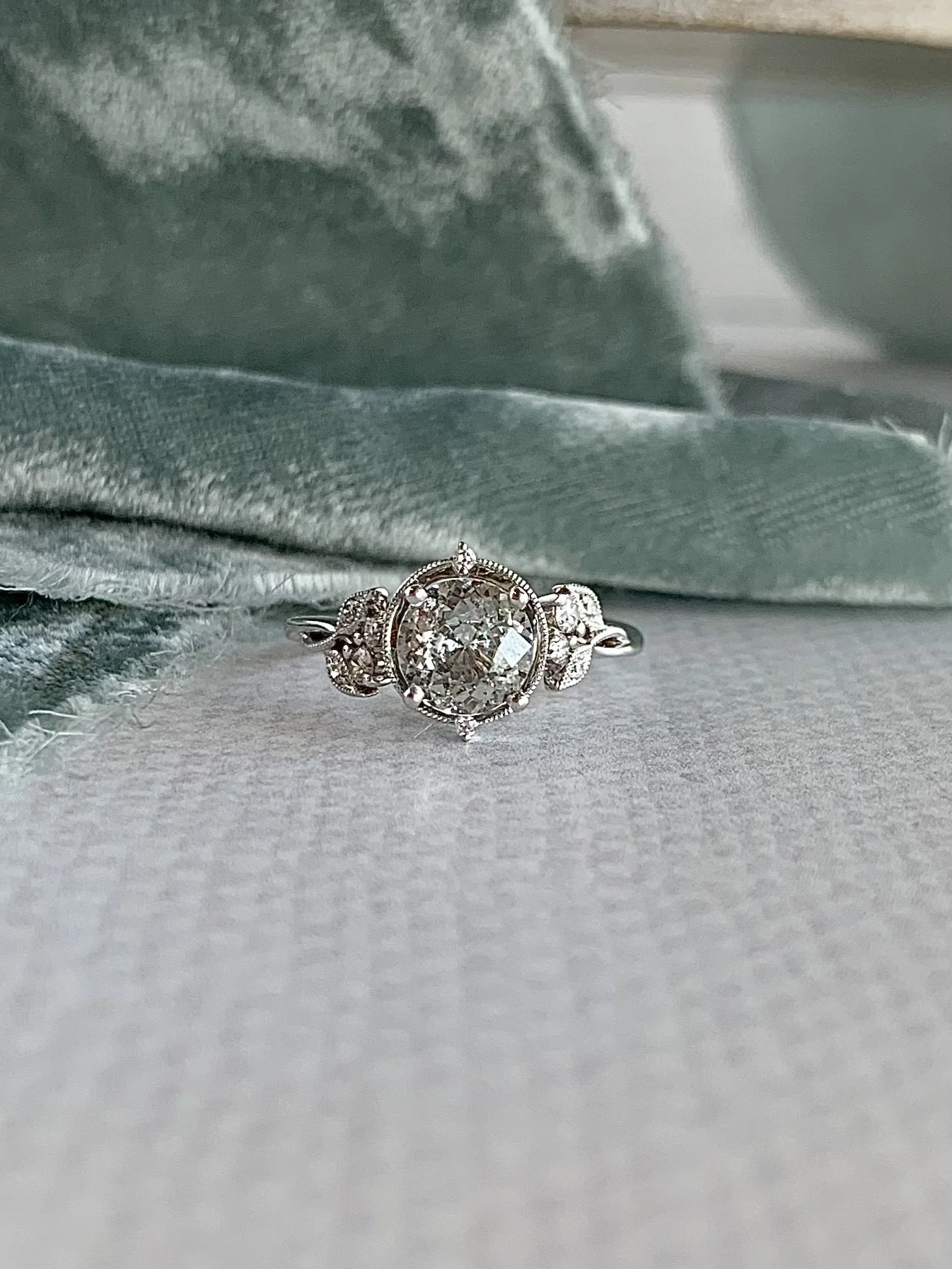 Zofia Grey Green Madagascar Sapphire & Diamond 14k White Gold Engagement Ring