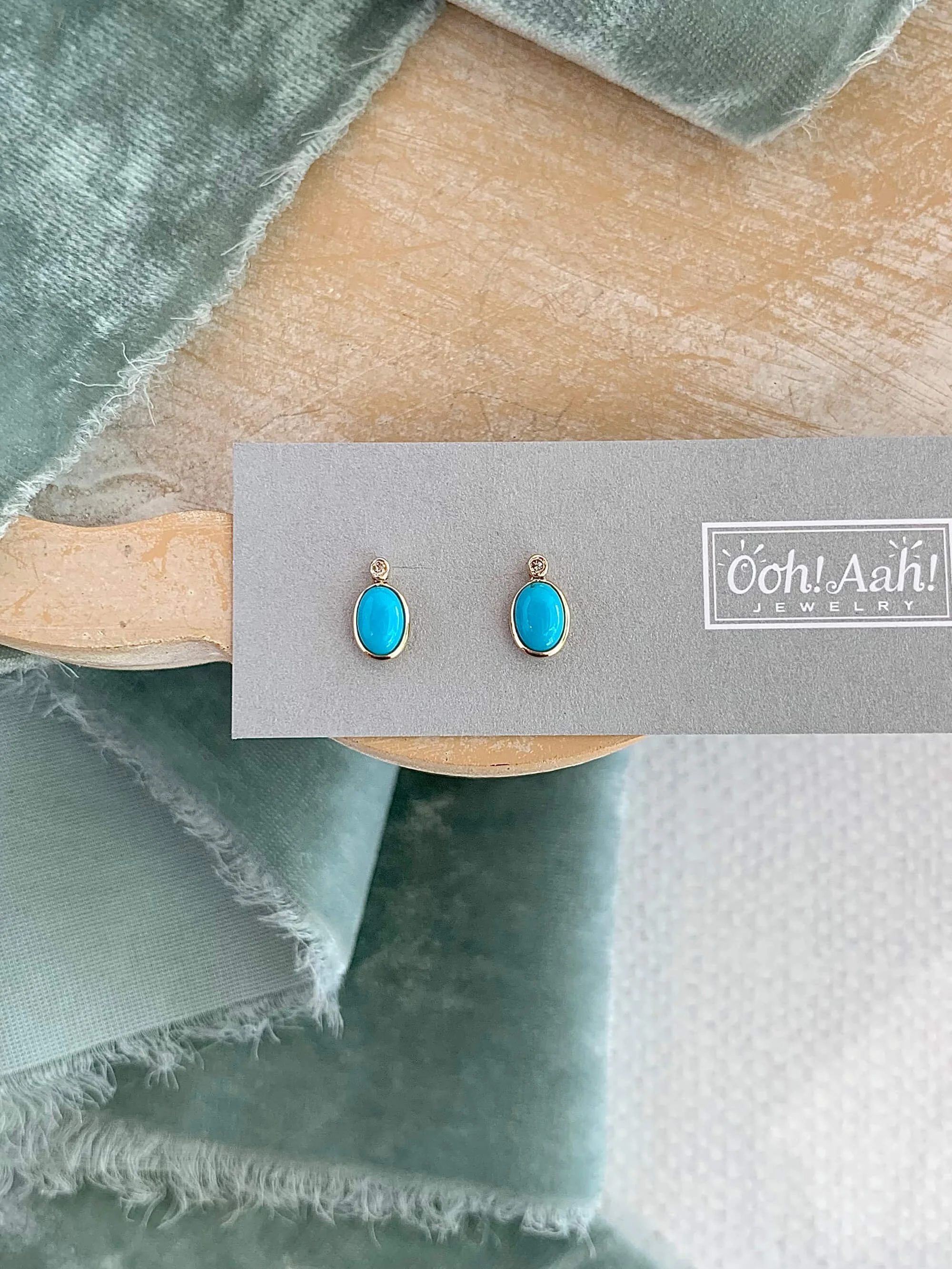 Oval Turquoise Dainty Diamond 14k Yellow Gold Stud Earrings