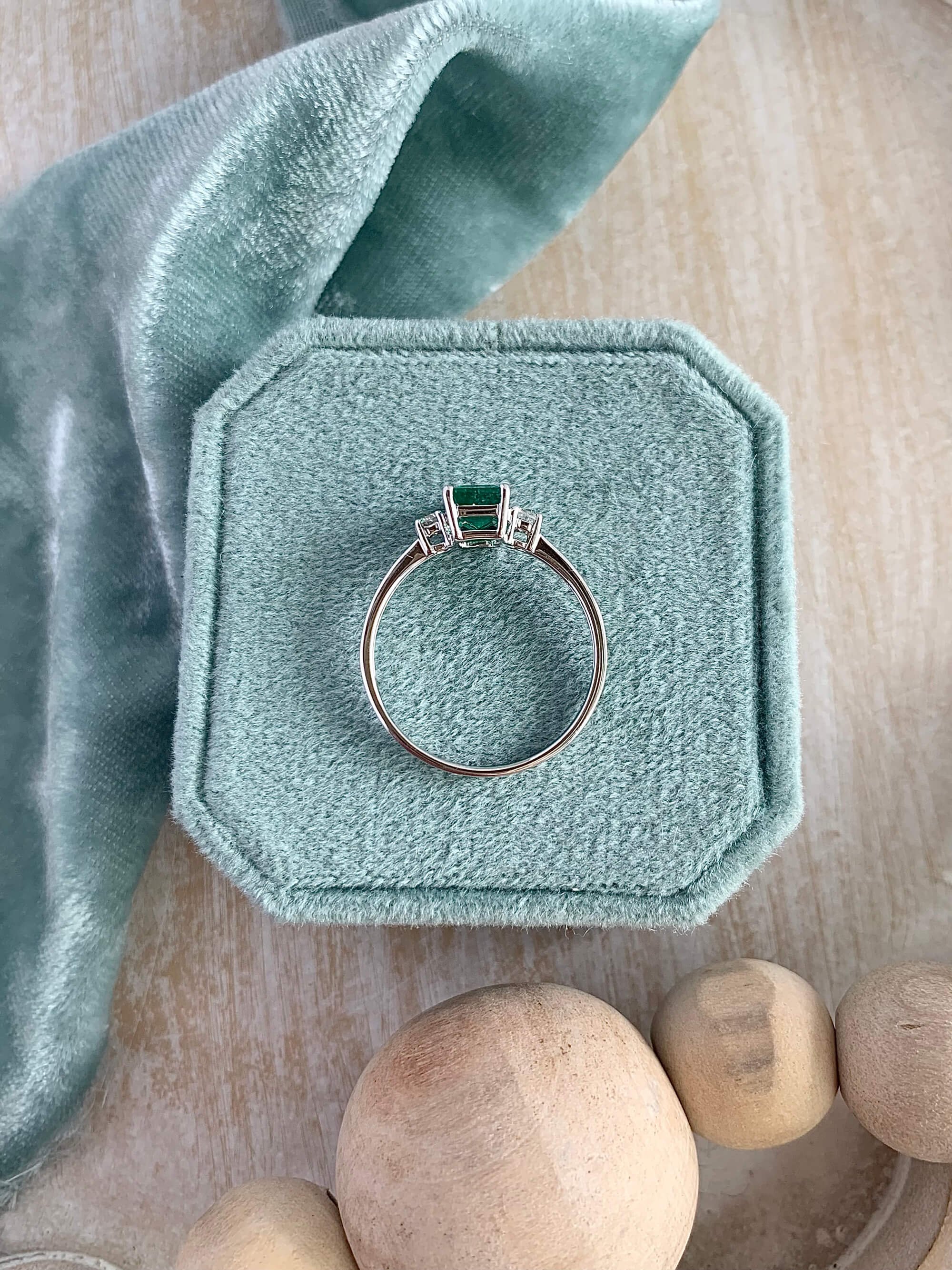 Emerald Cut Emerald & Diamond Trio 14k White Gold Engagement Ring