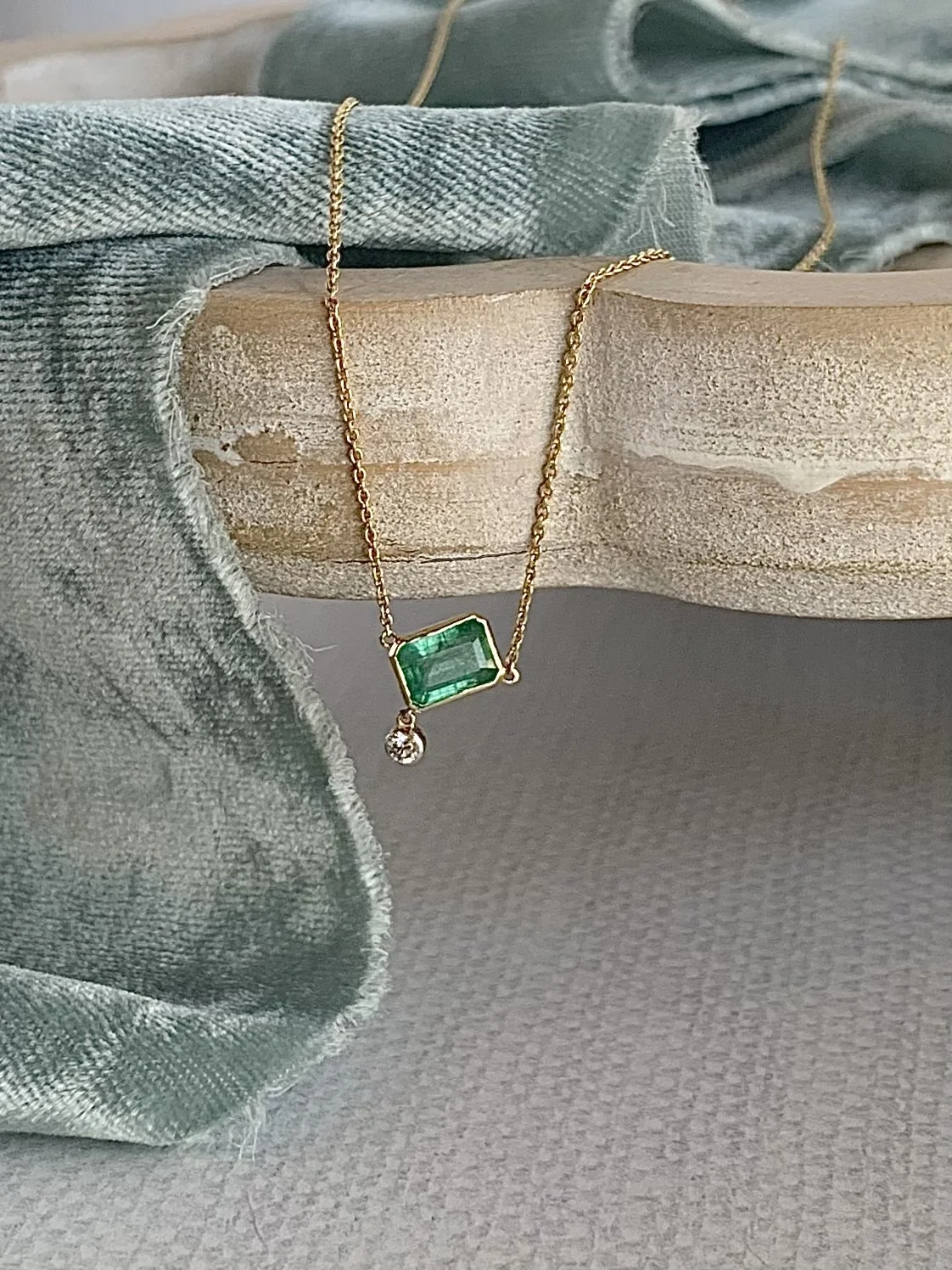 Tilted Emerald Diamond Dangle 14k Yellow Gold Necklace