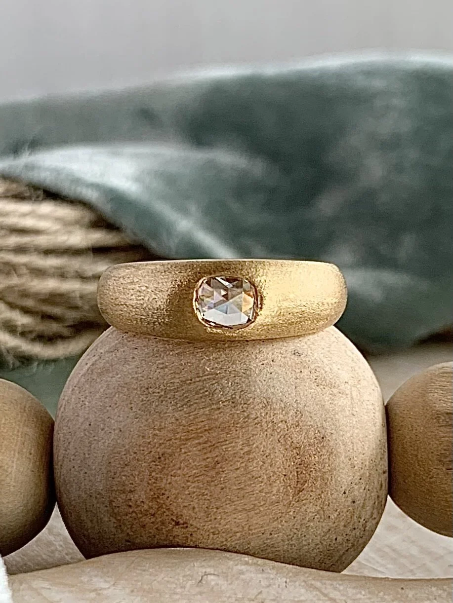 Yarrow .31 Carat Rose Cut Diamond 18k Brushed Yellow Gold Domed Engagement Ring