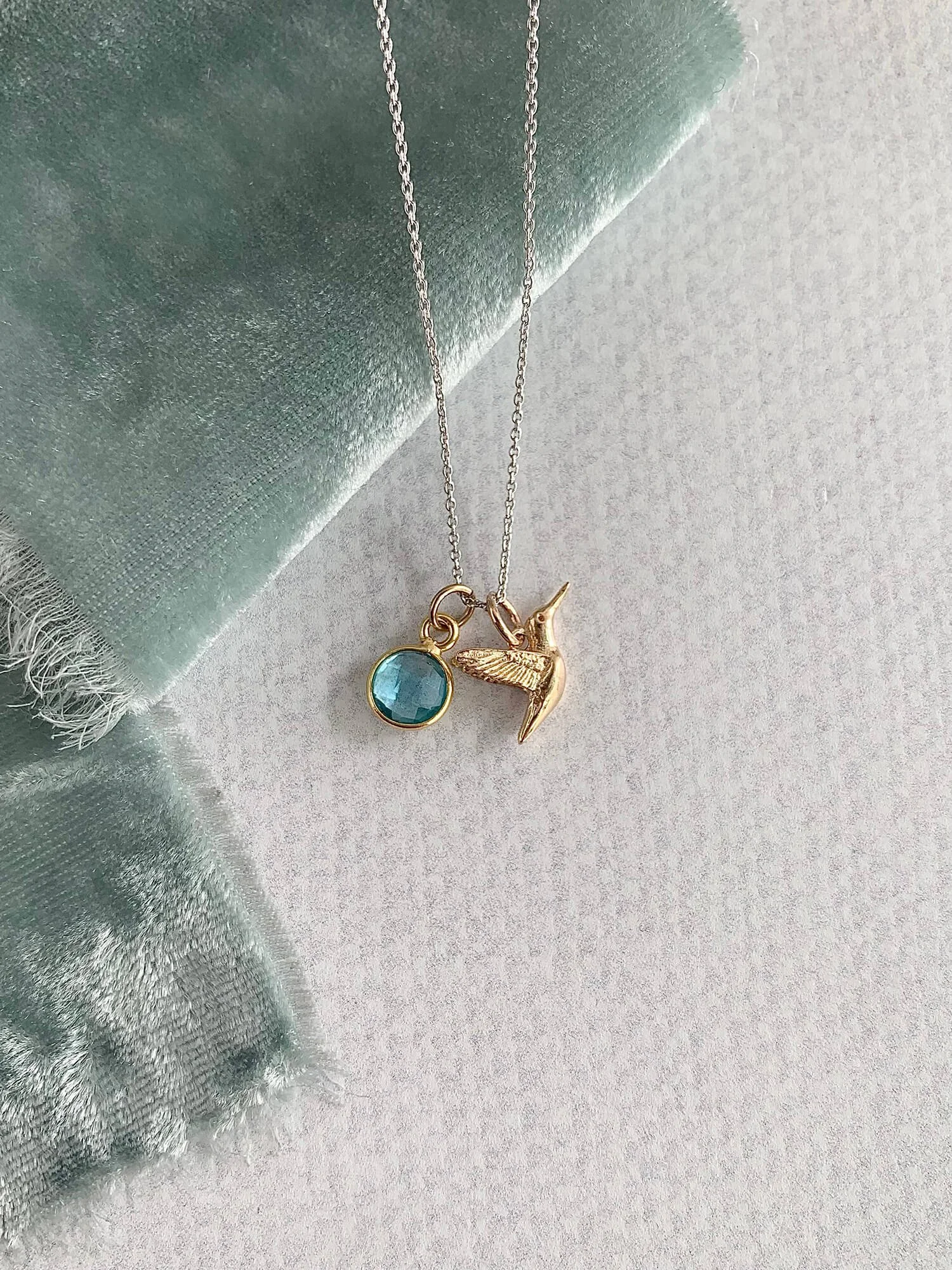 Teeny Tiny Hummingbird Blue Topaz Mixed Metal Necklace
