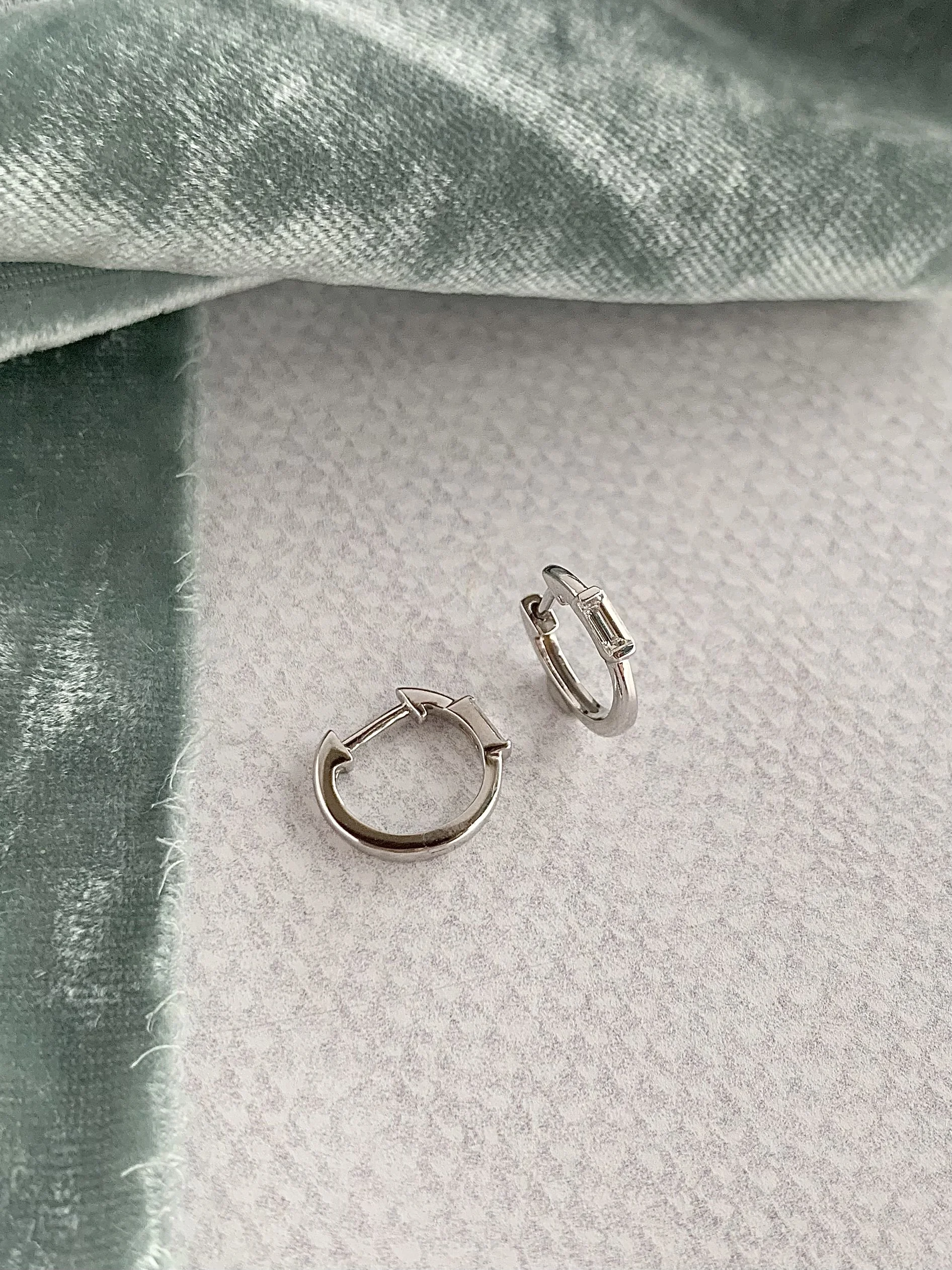 Single Baguette Diamond 14k White Gold Huggie Earrings