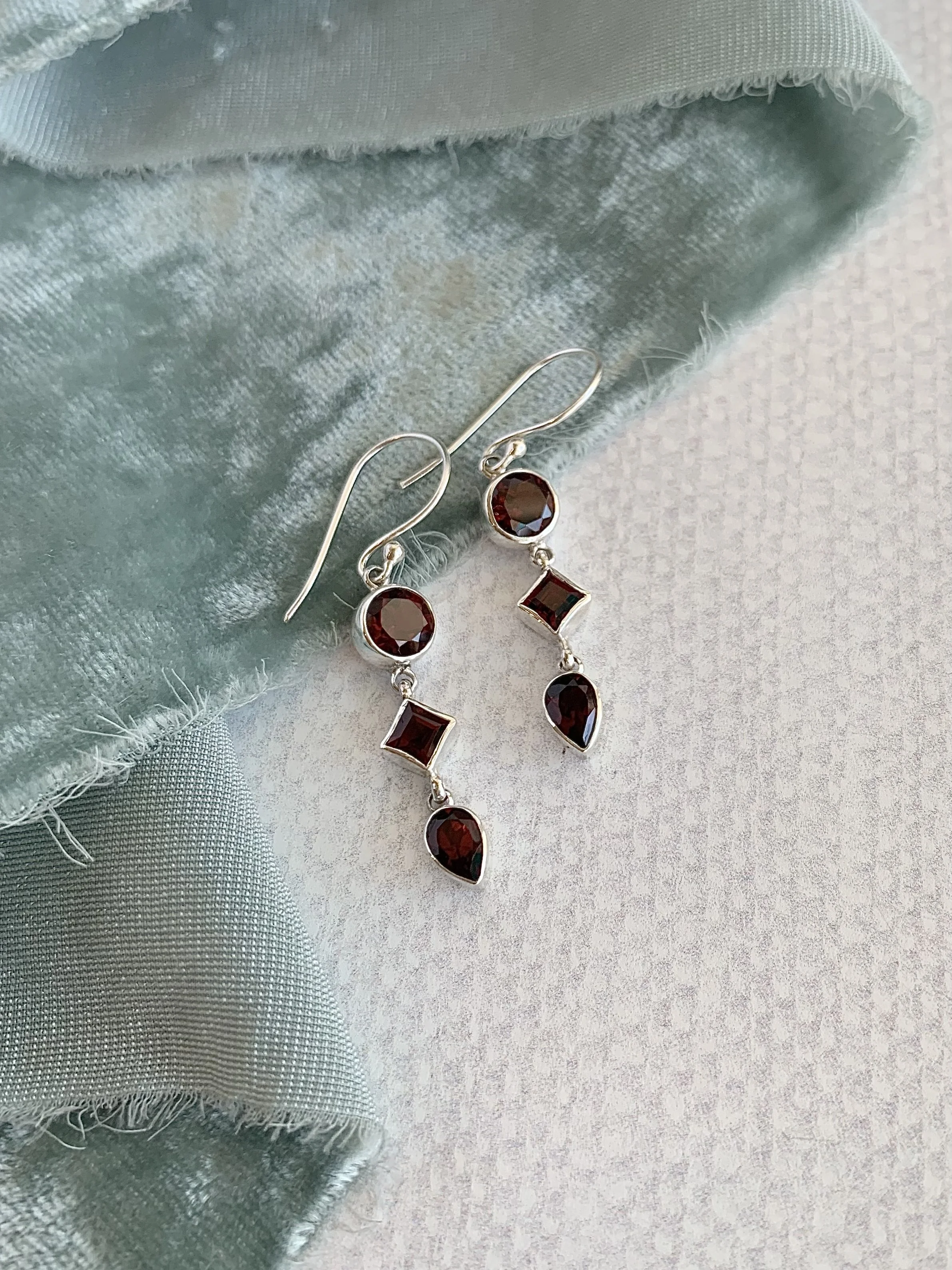 Garnet Trio Silver Earrings